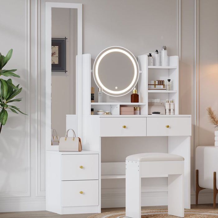 4-in-1 shoe cabinet makeup table with full-length mirror, 3-color led lighting, metal handle, white