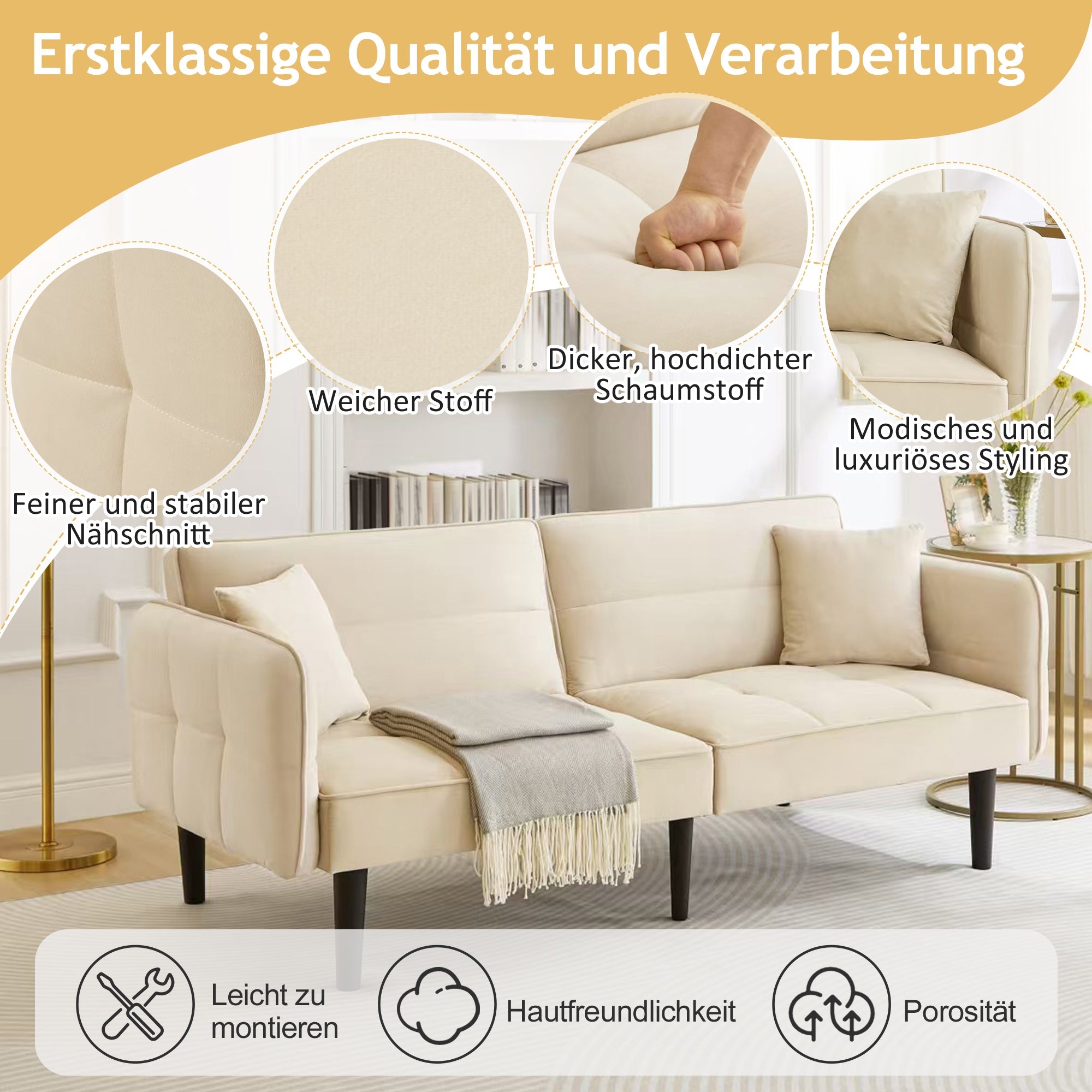 2-in-1 Adjustable Sofa Bed, Two-seater with Folding Armrests and Sleeping Function, Velvet