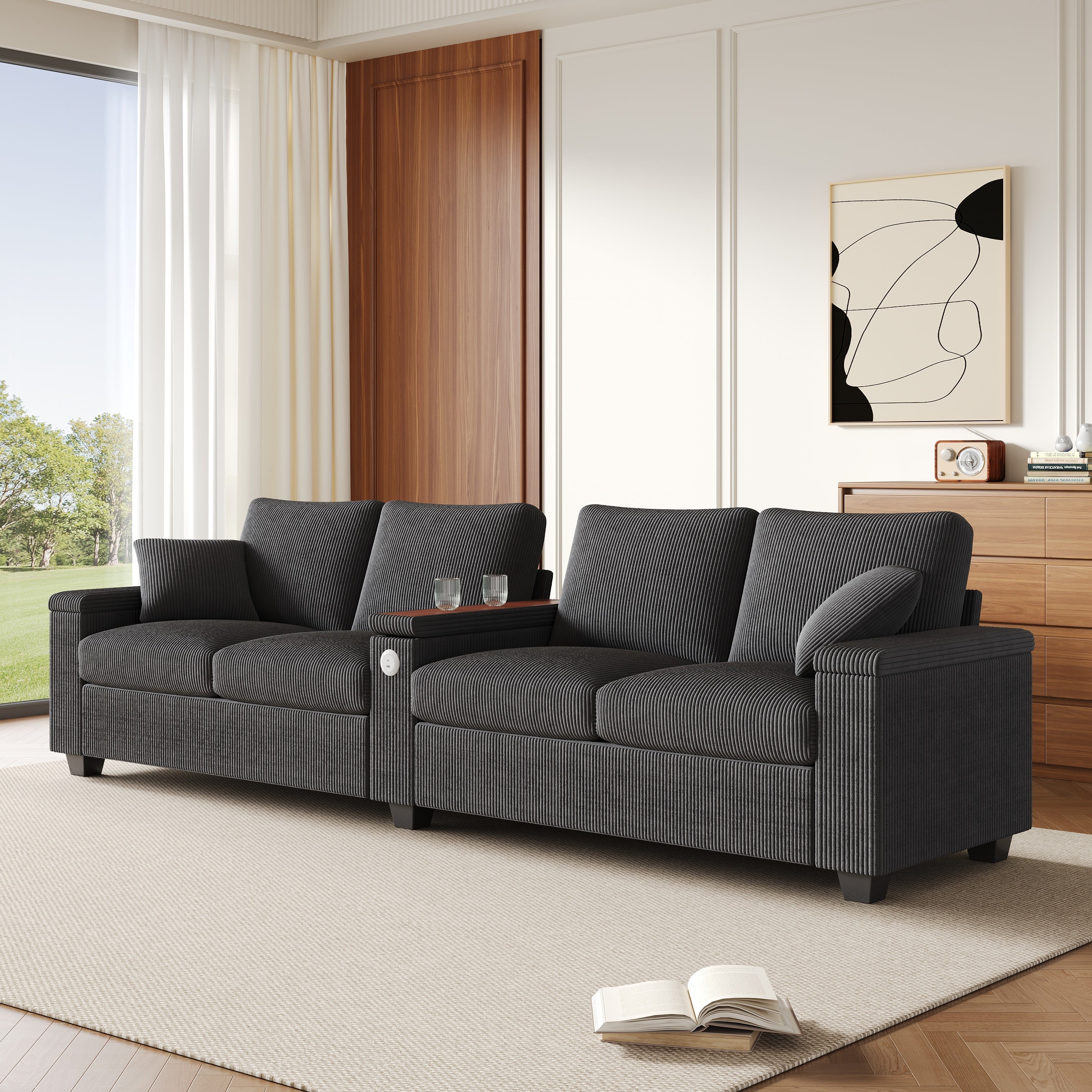 Modern 4-Seater Modular Sofa with USB Charging and Hidden Storage, Gray Corduroy