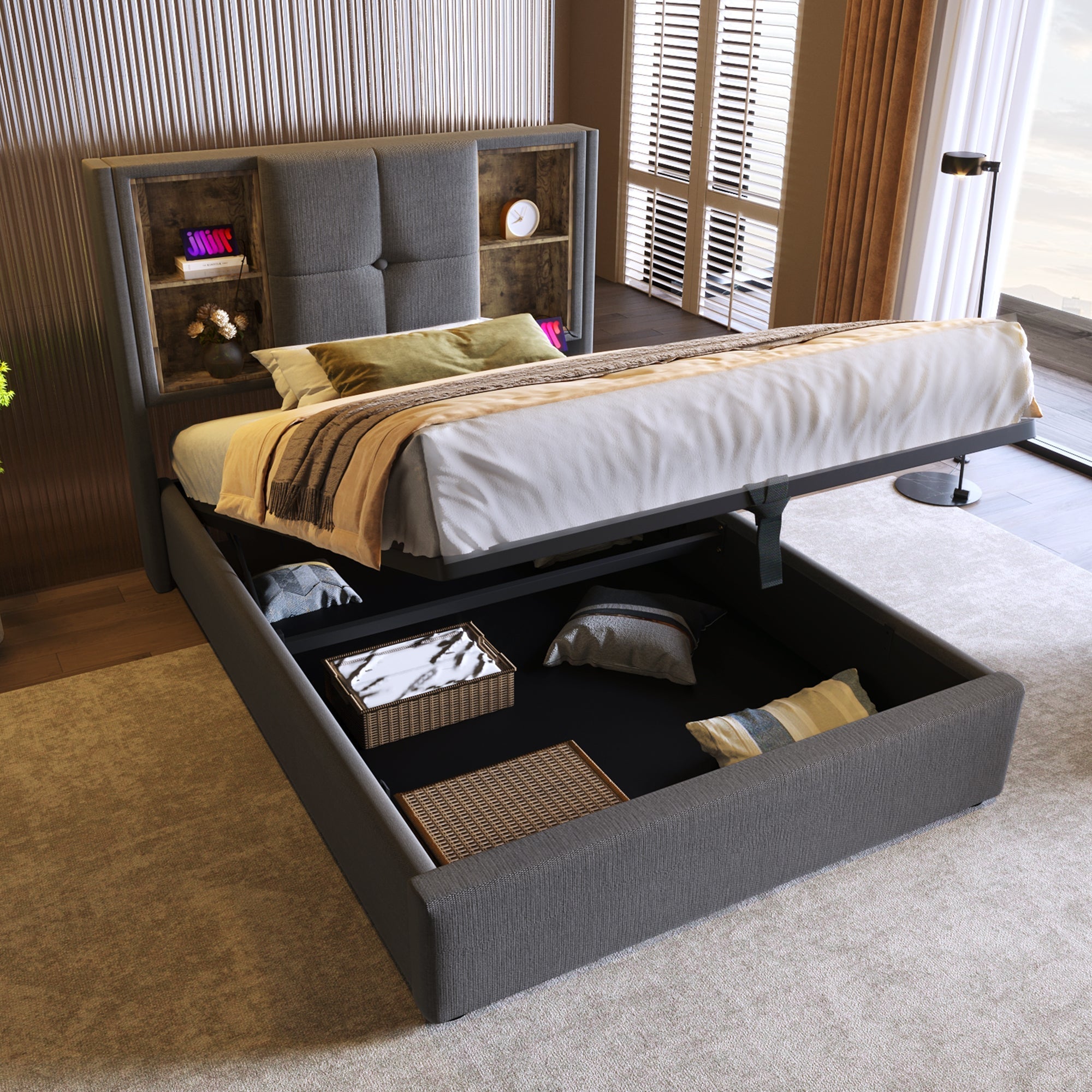 Single Bed, Wireless Charging USB C, 90x200cm with Storage, Wood-Grey Cotton