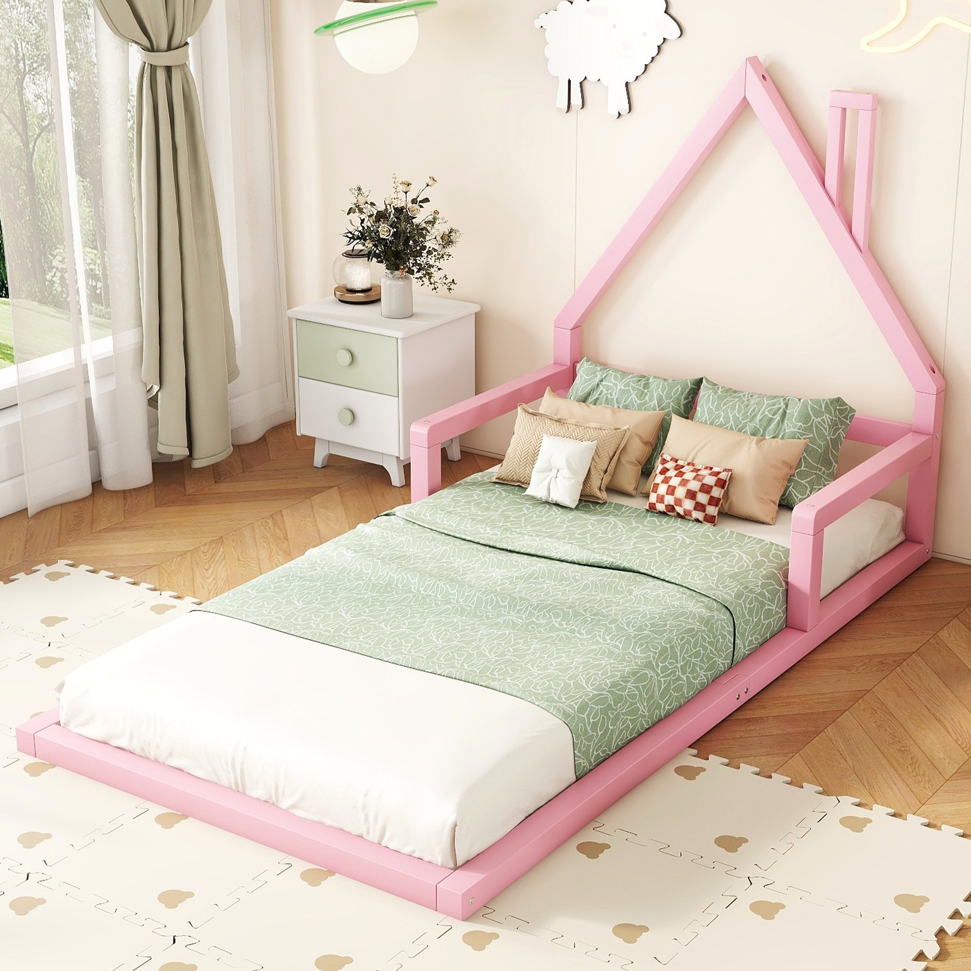 Children's bed, 90x200cm, flat bed, house shape, solid pine, pink
