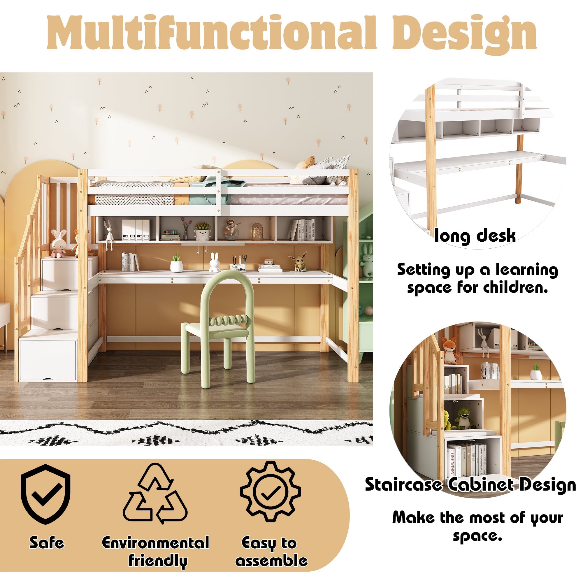 Wood House Bunk Bed, Children's Loft Bed with Storage Stairs, Desk, Shelves, Pine Wood, White + Natural