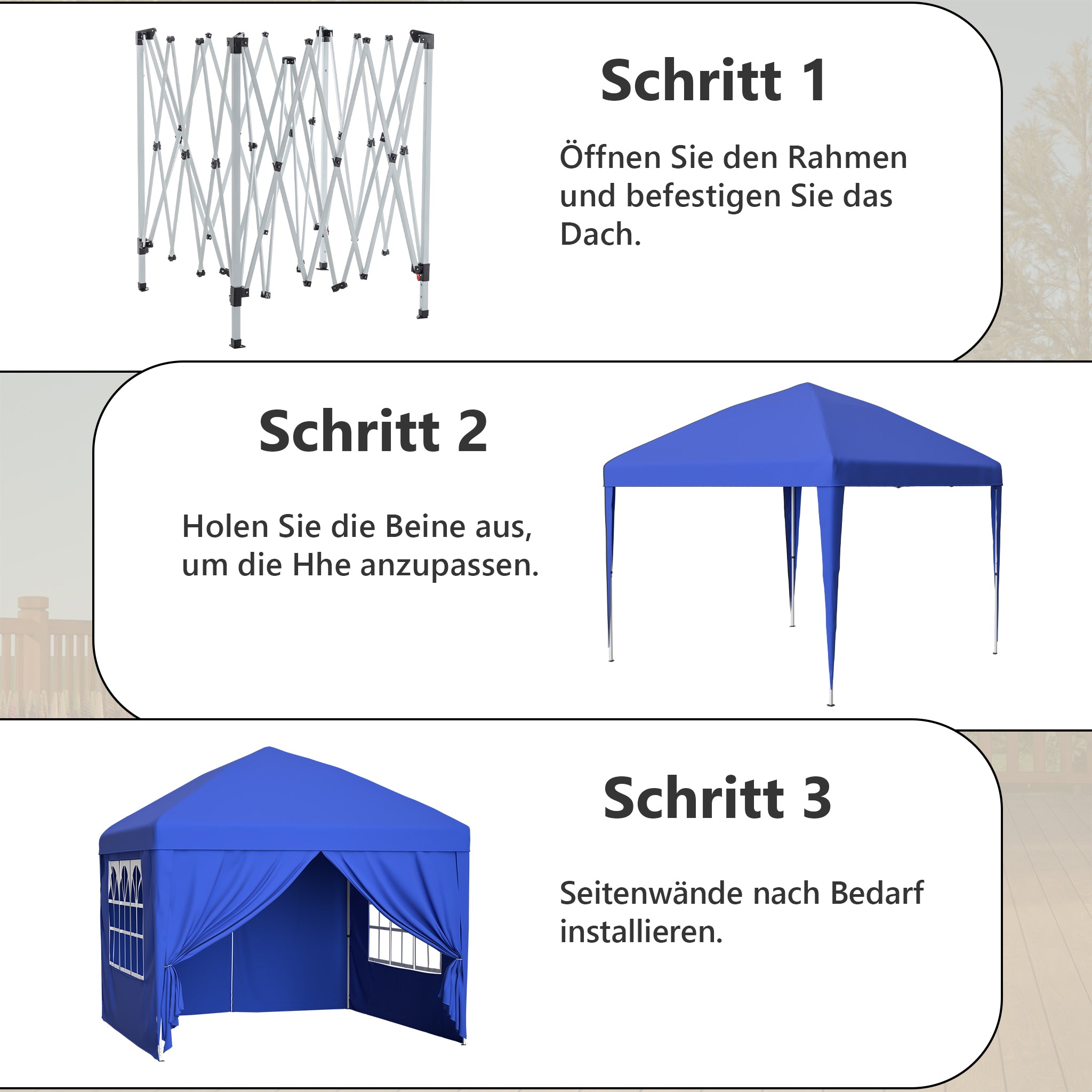 Gazebo 3x3m, 4 Side Walls, 3-Way Height Adjustable, Folding, Blue