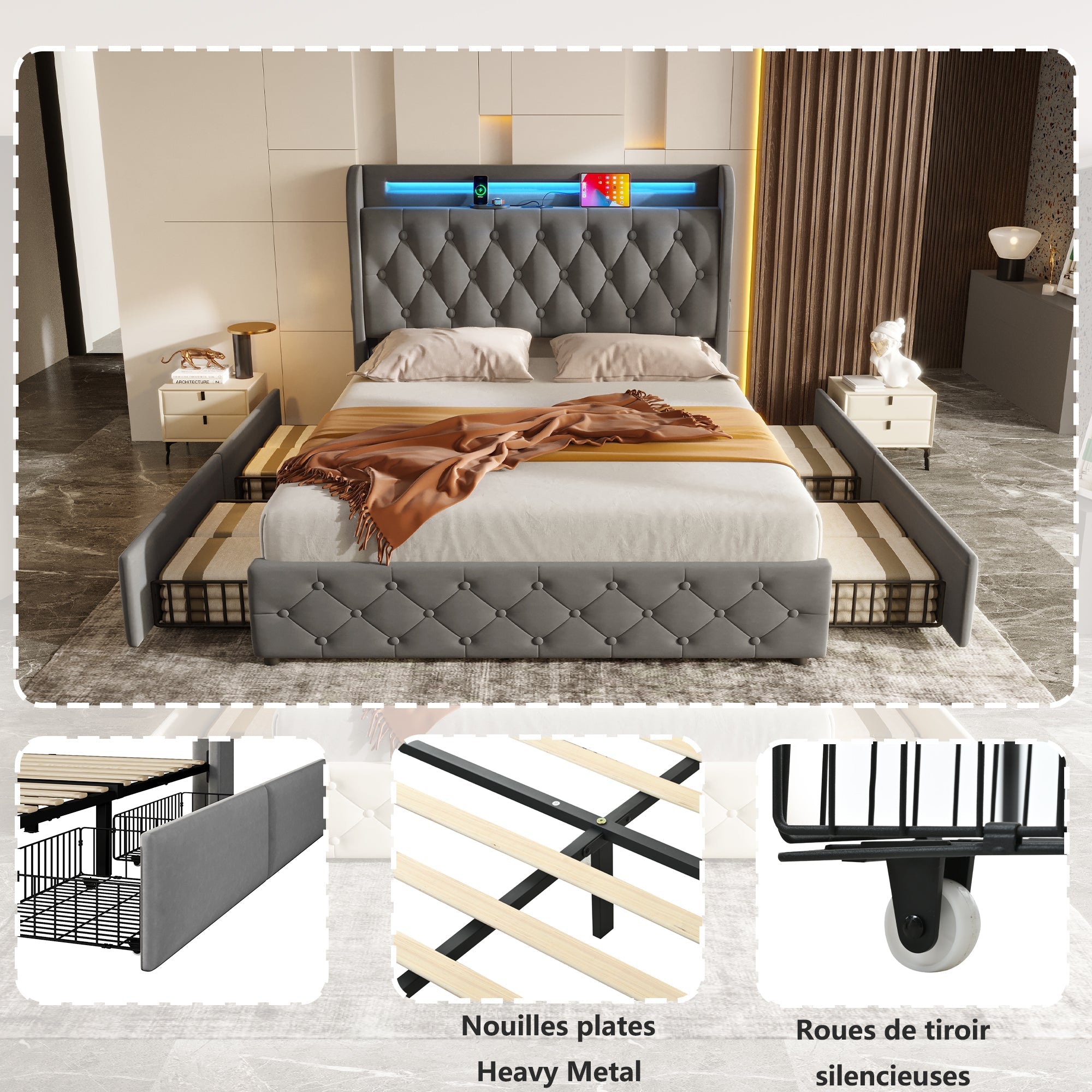 Upholstered Bed 140x190cm LED USB Storage Headboard 4 Drawers - Velvet