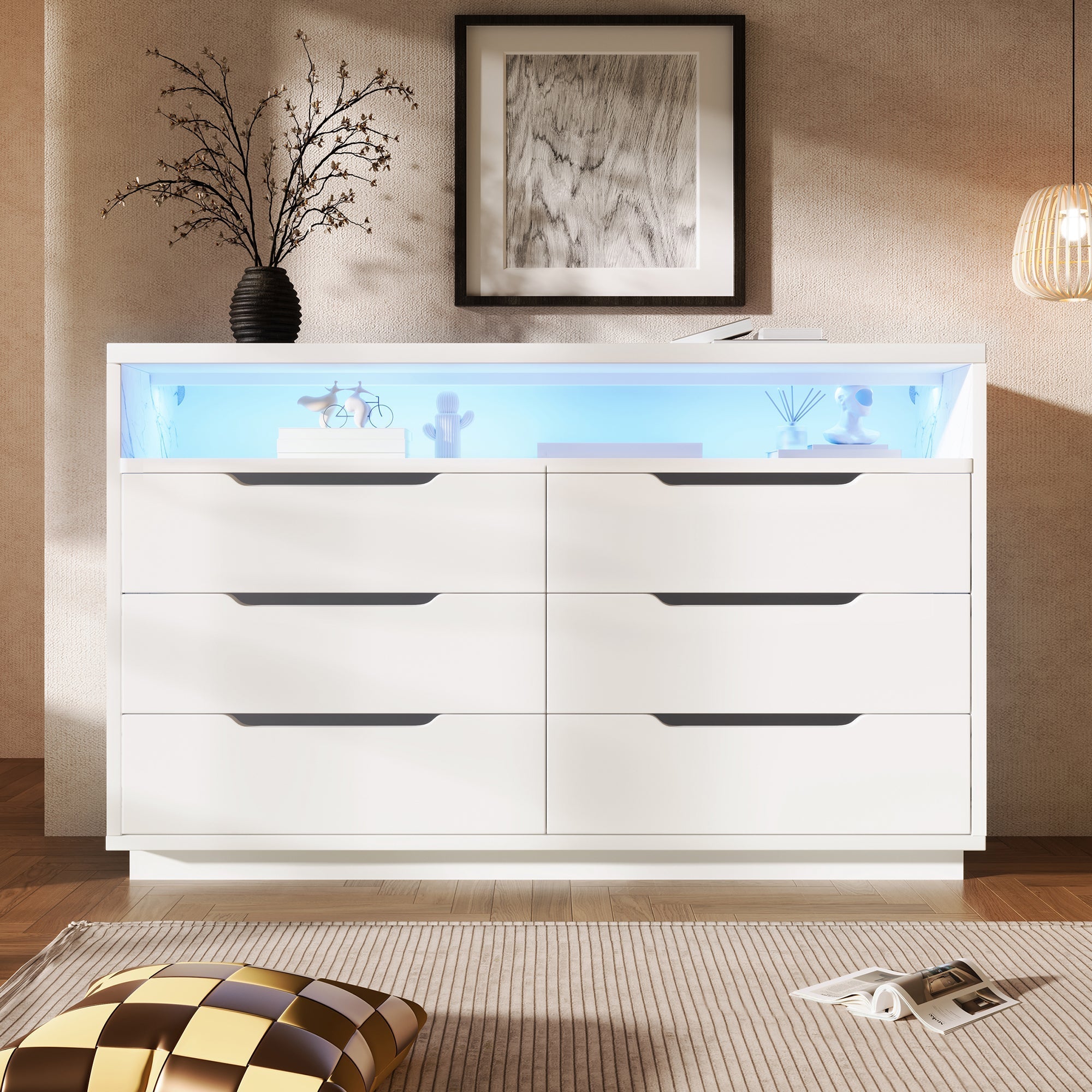 Sideboard Chest of Drawers LED 6 Drawers Marble Storage, White