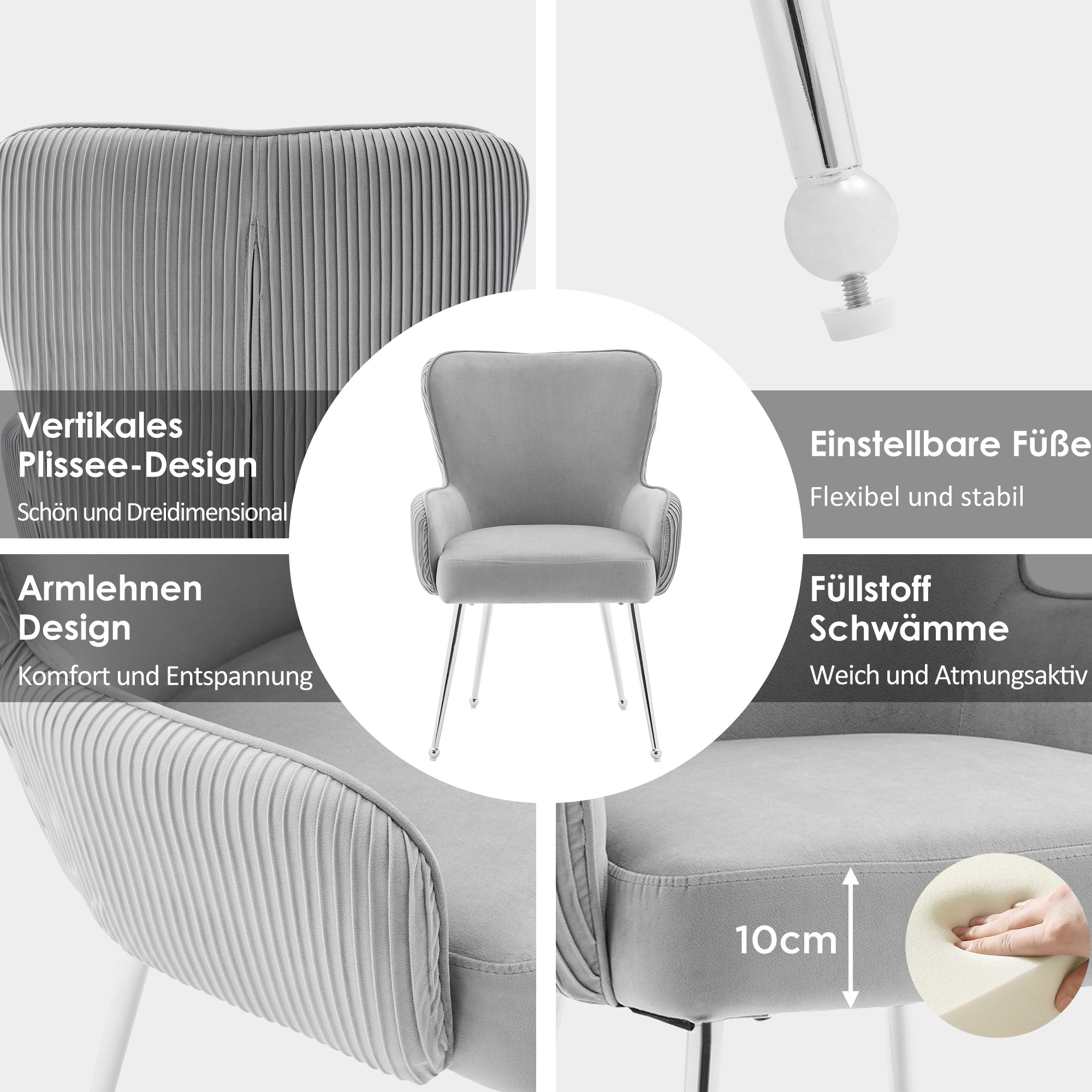 Velvet Dining Chair 2-Piece Set Armrests Adjustable Feet Lumbar Support - Grey