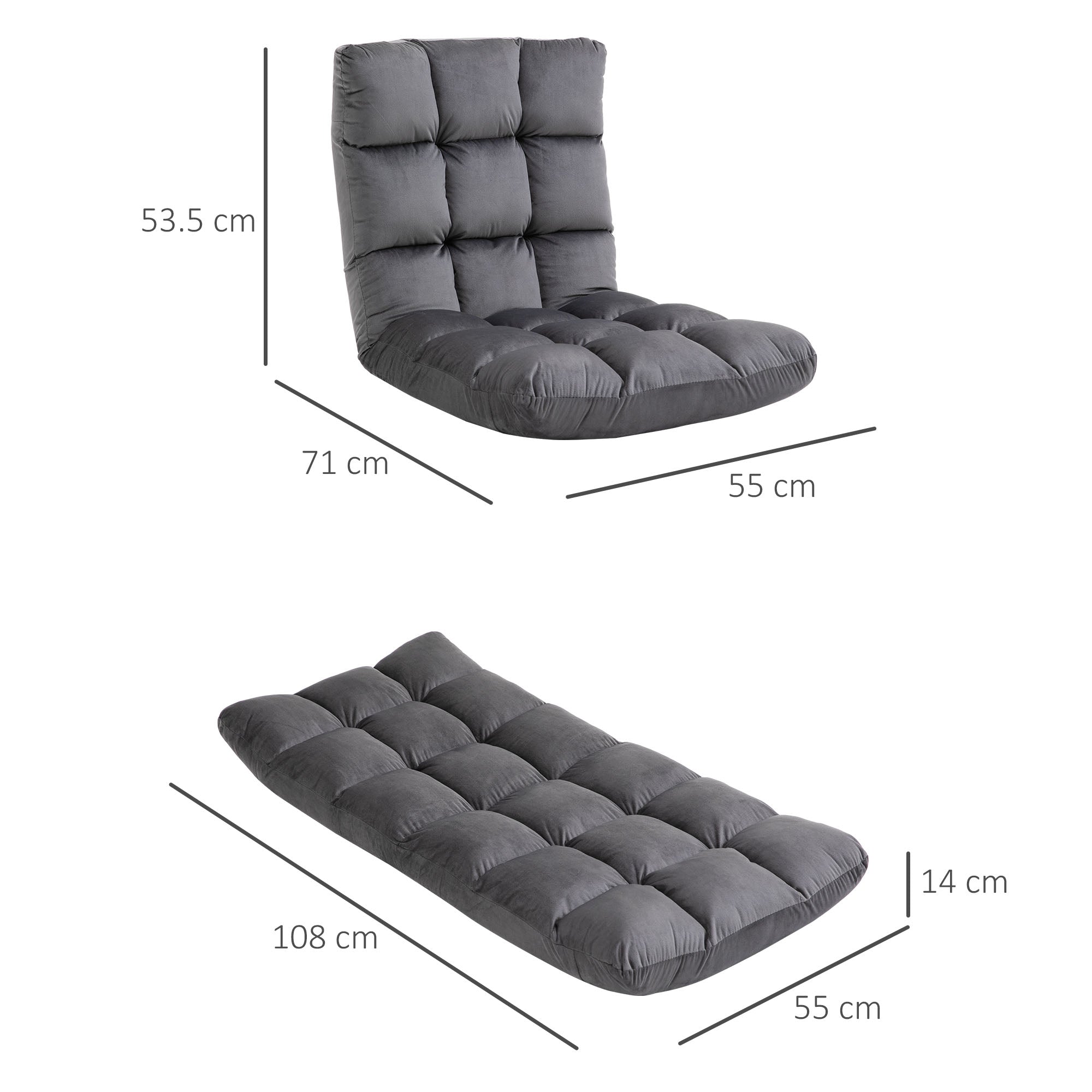 Floor Chair 3-in-1 Foldable 13-Position Grey