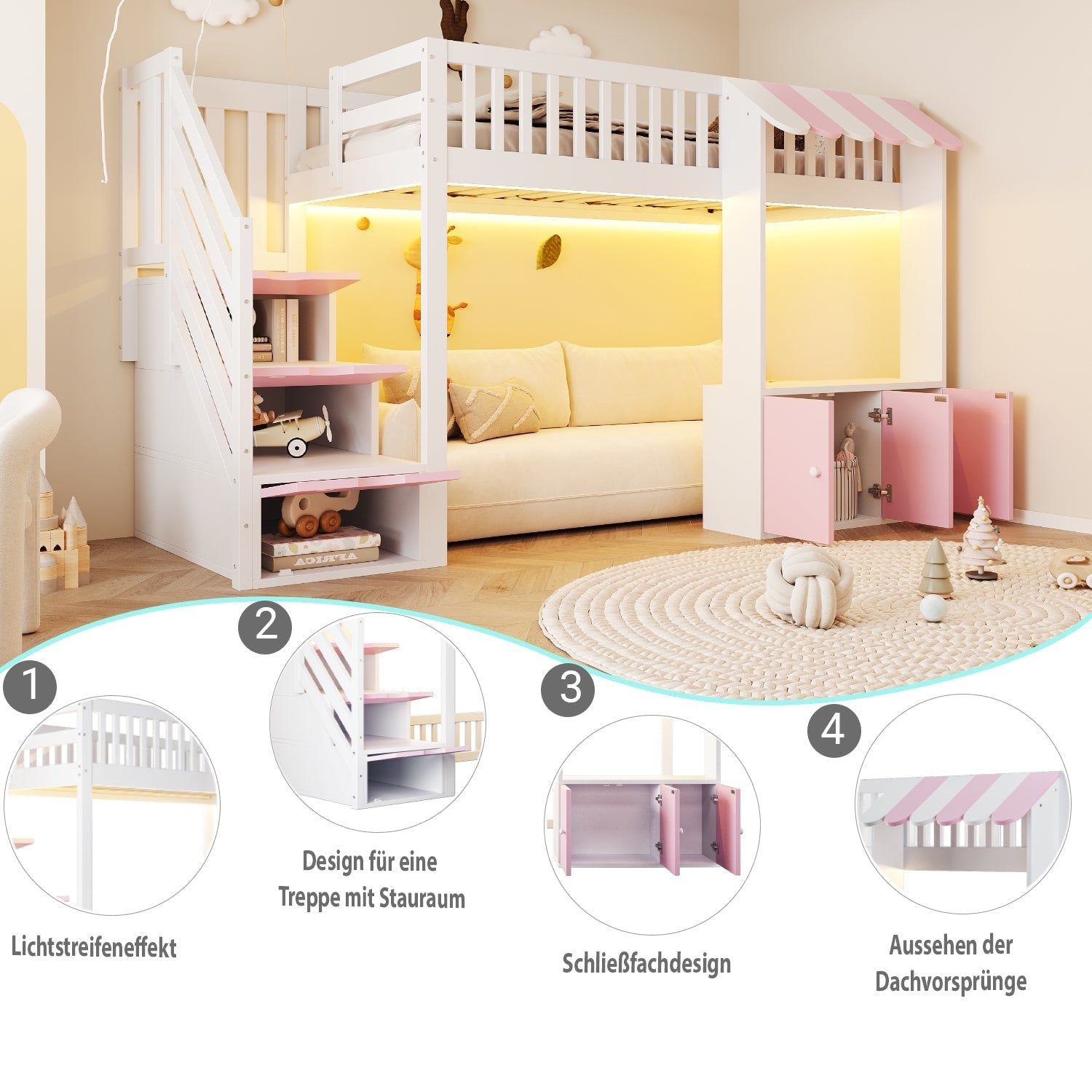 Loft Bed 90x200cm with Storage Stairs Wardrobe LED Light Wooden Pink