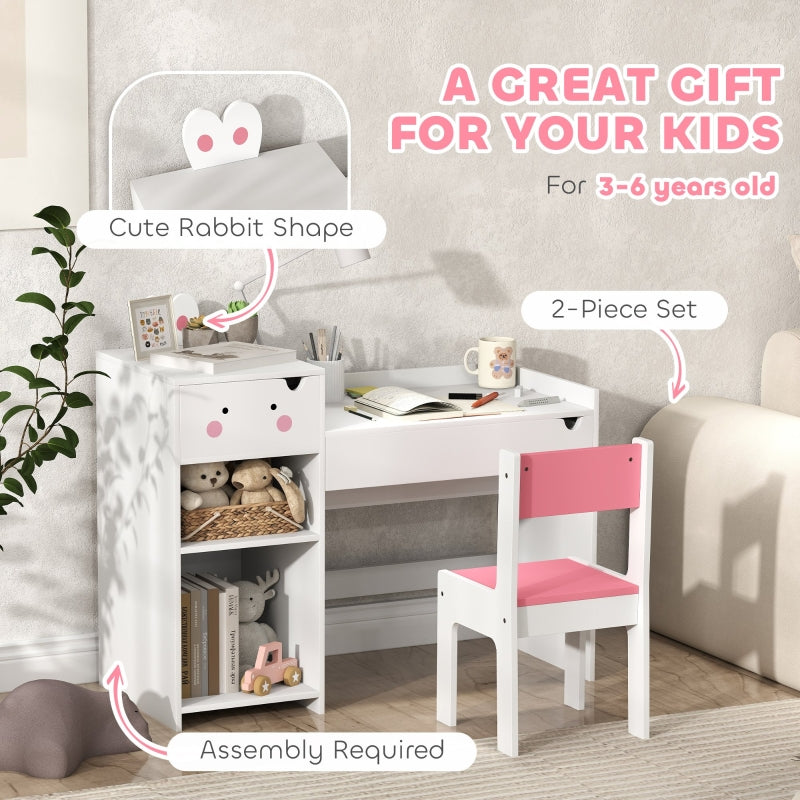 Rabbit-Themed Kids Desk and Chair Set with Bookcase, Drawers, and Shelves, White/Pink