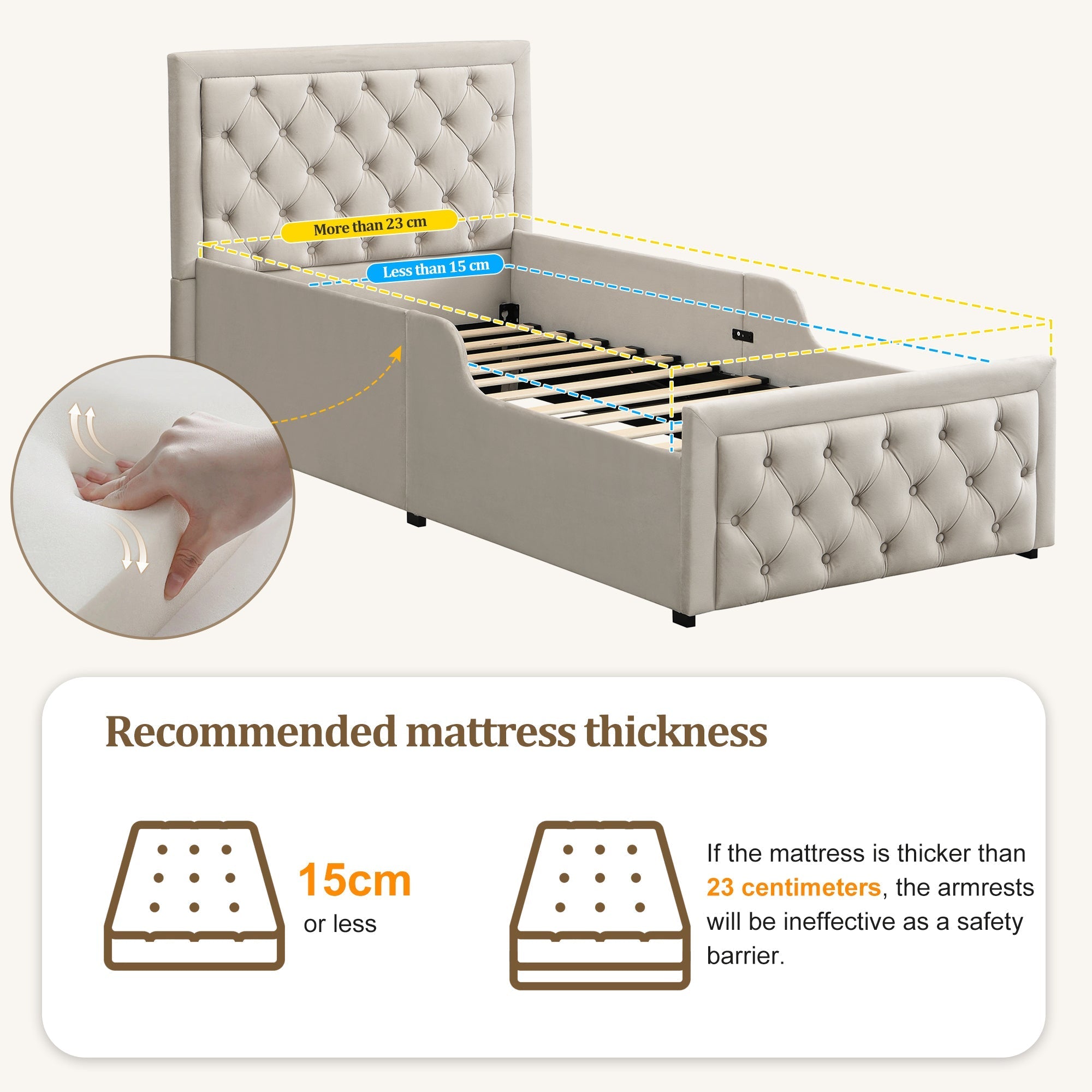 Upholstered Single Bed with Hydraulic Storage and Slatted Base, 90x200cm, Beige Velvet