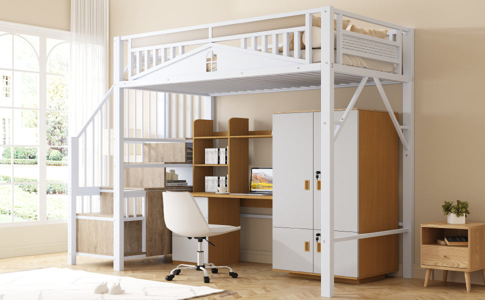 Metal Loft Bed, 90x200cm with Safety Enclosure, Ladder & Locker, White
