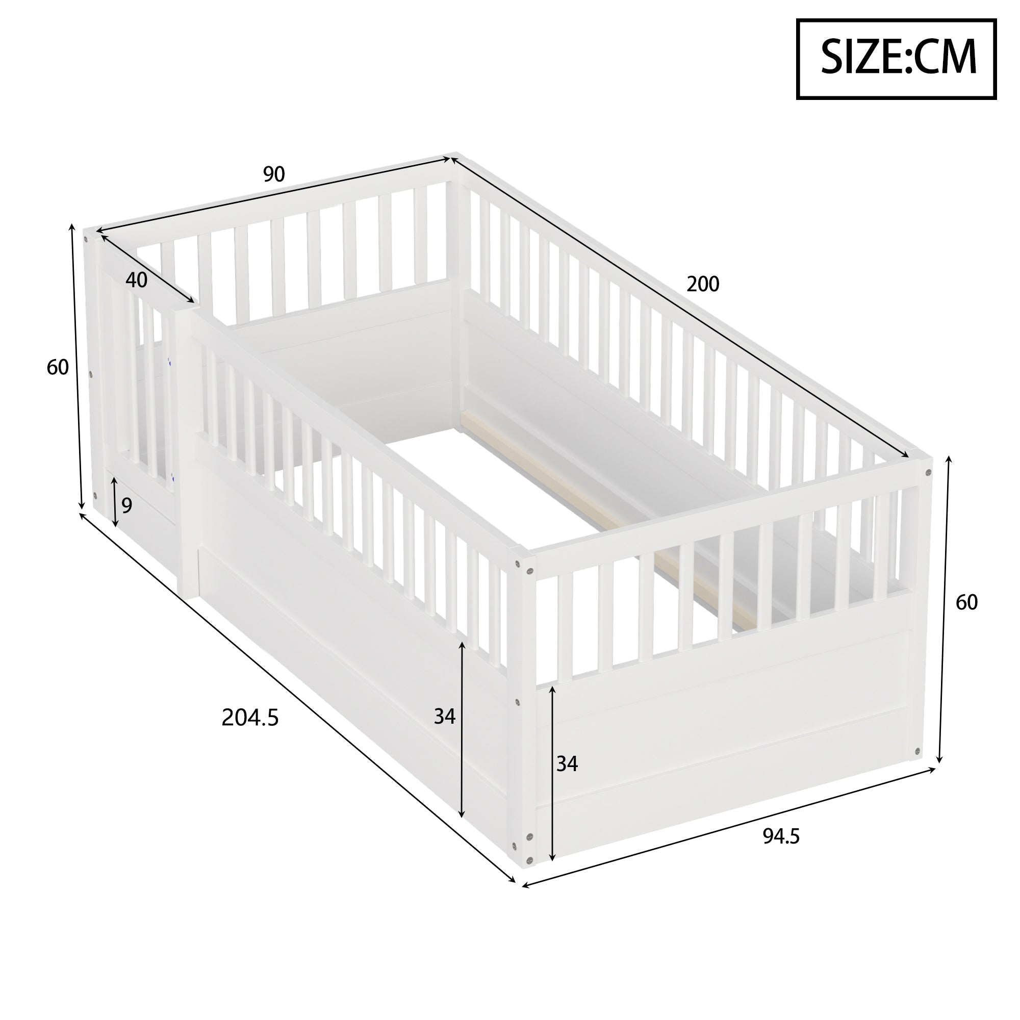 Children's Bed 90x200cm with Railing and Door, White Wood