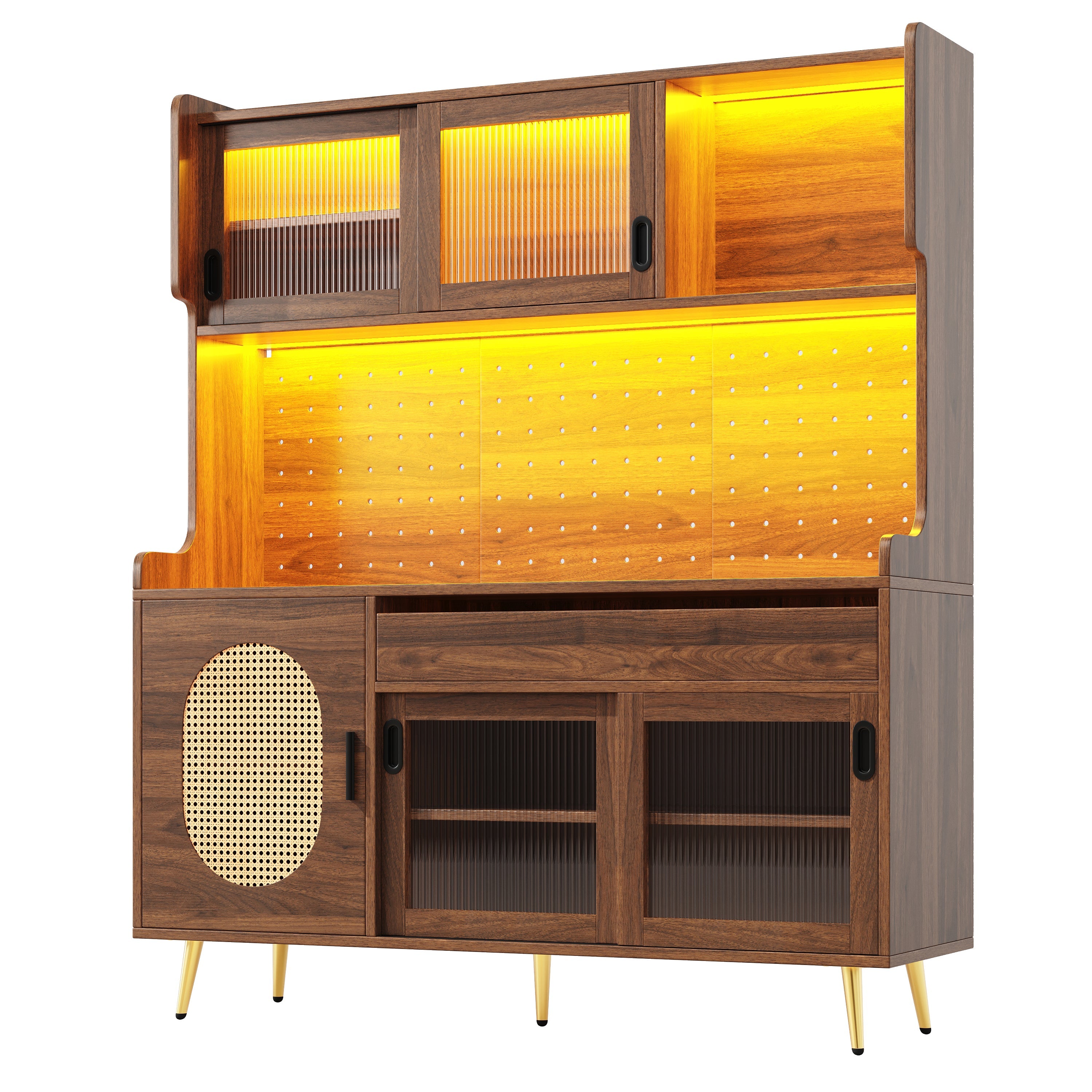 Sideboard Kitchen Buffet Cabinet with LED Strip and Fluted Glass Doors, Brown and Black