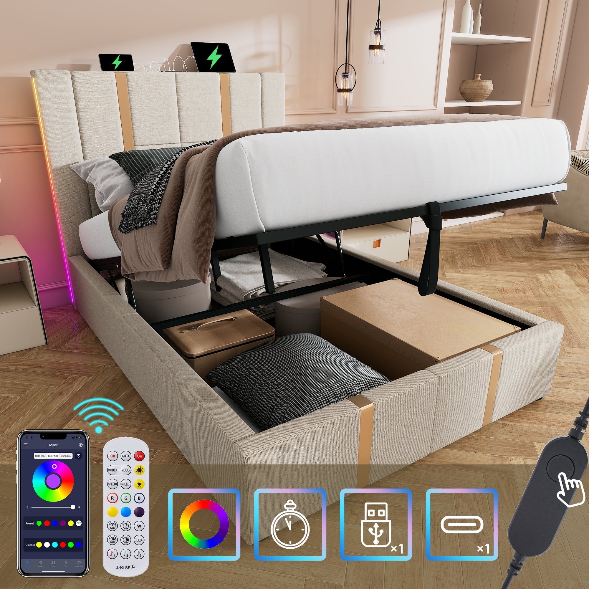 Upholstered Bed, USB-C LED Single with Storage, Beige Linen