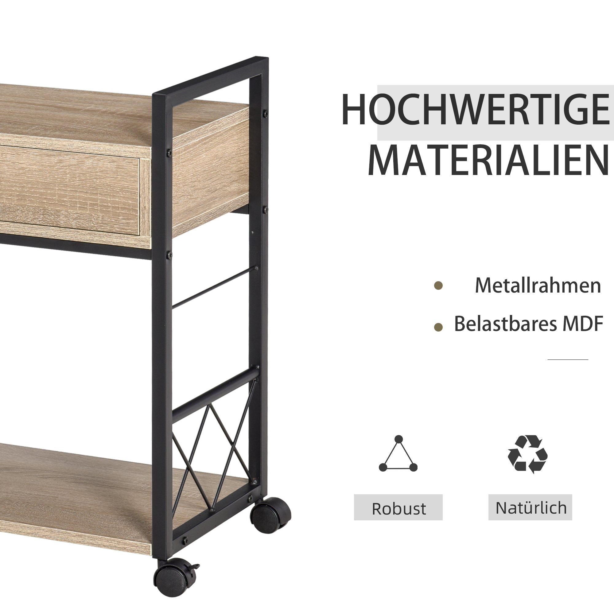 Side Table Serving Cart with Wheels, Drawer Storage, Natural Wood
