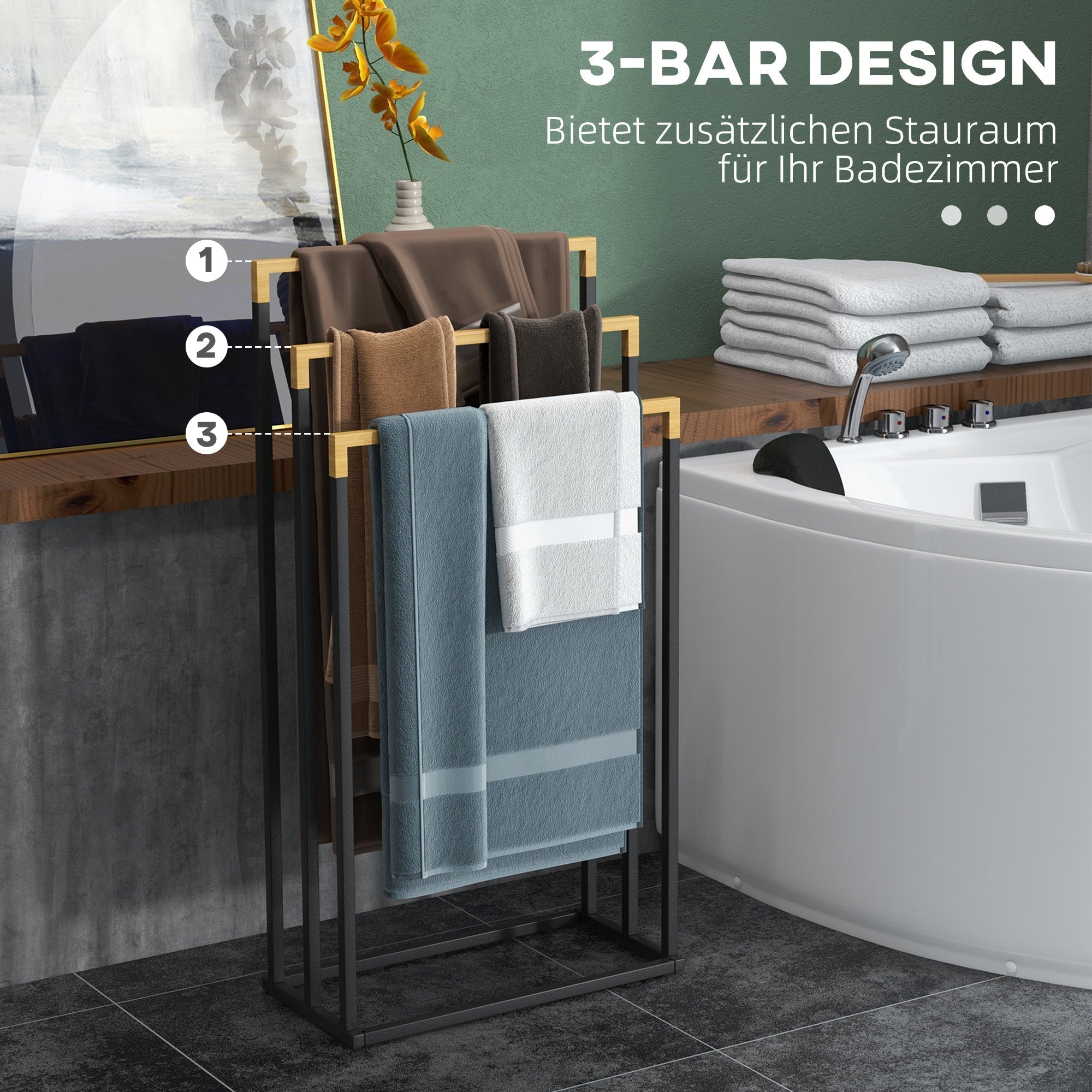 kleankin Towel Rack, 3 Bars, Steel & Bamboo, Black