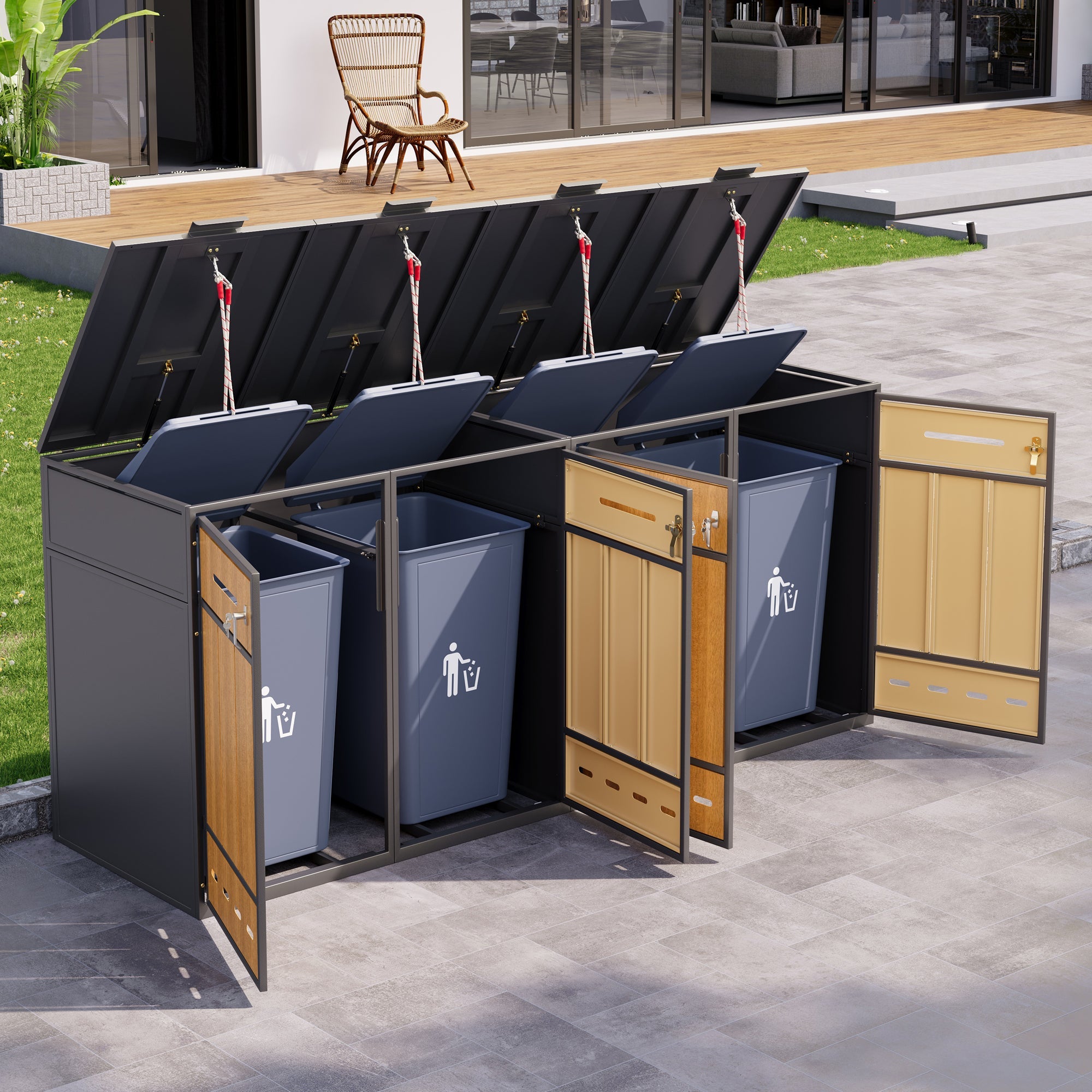 Bin Storage Unit for 4 Trash Cans, Lockable with Ventilation, Steel