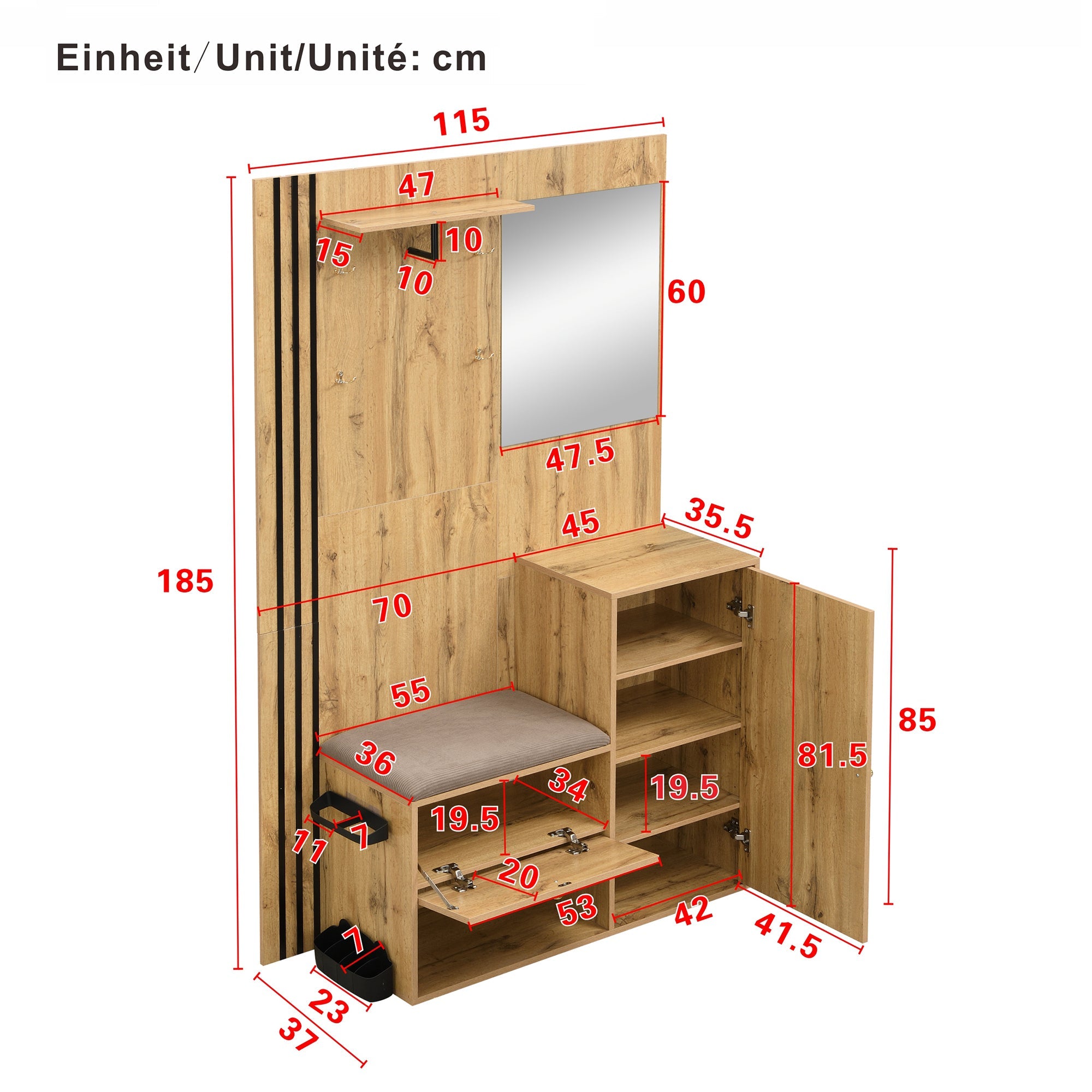 Wardrobe Set, Compact Hallway with Mirror & Cushion, Black Trim