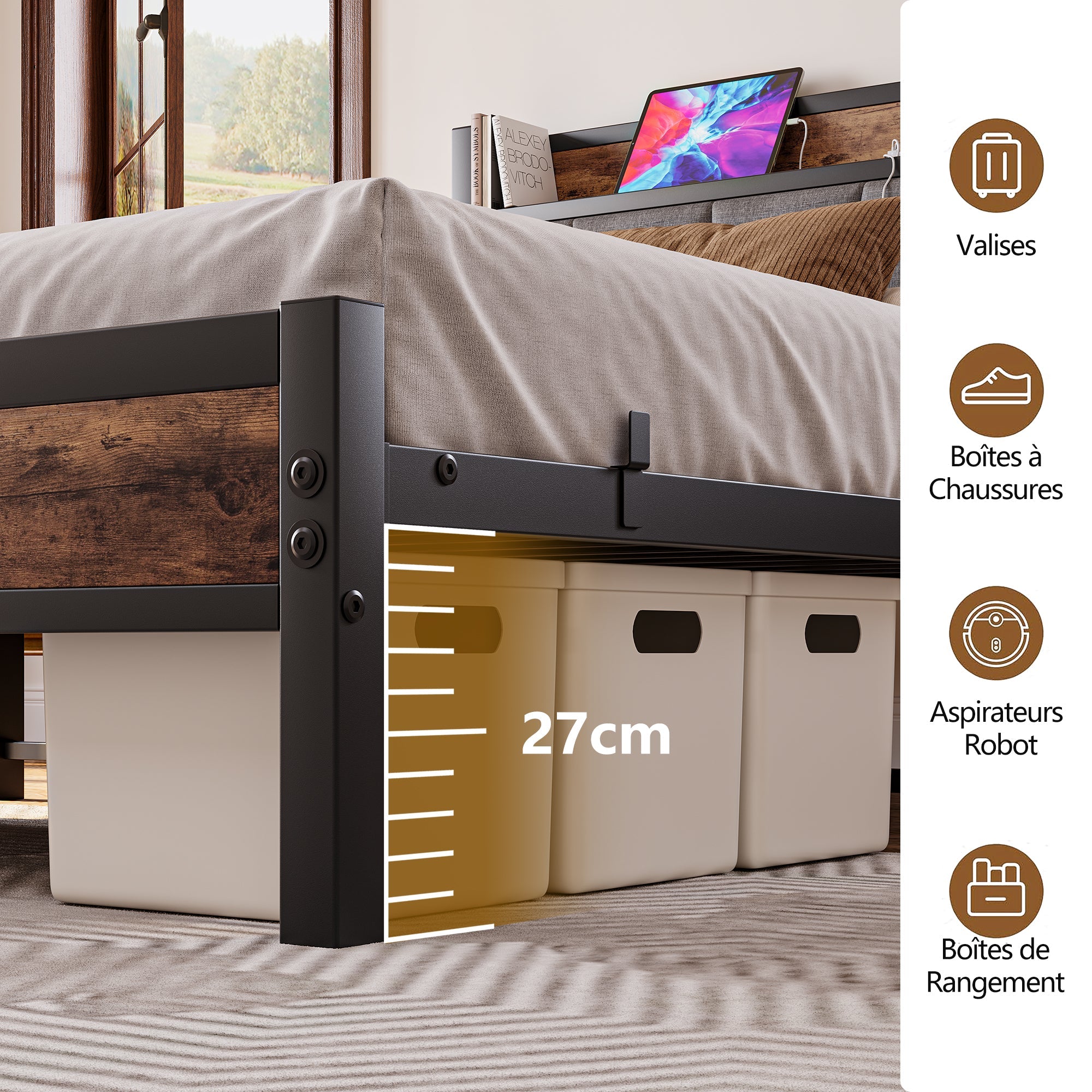 Bed Frame 140x190cm Smart LED Lights USB Charging Noise-Free Metal