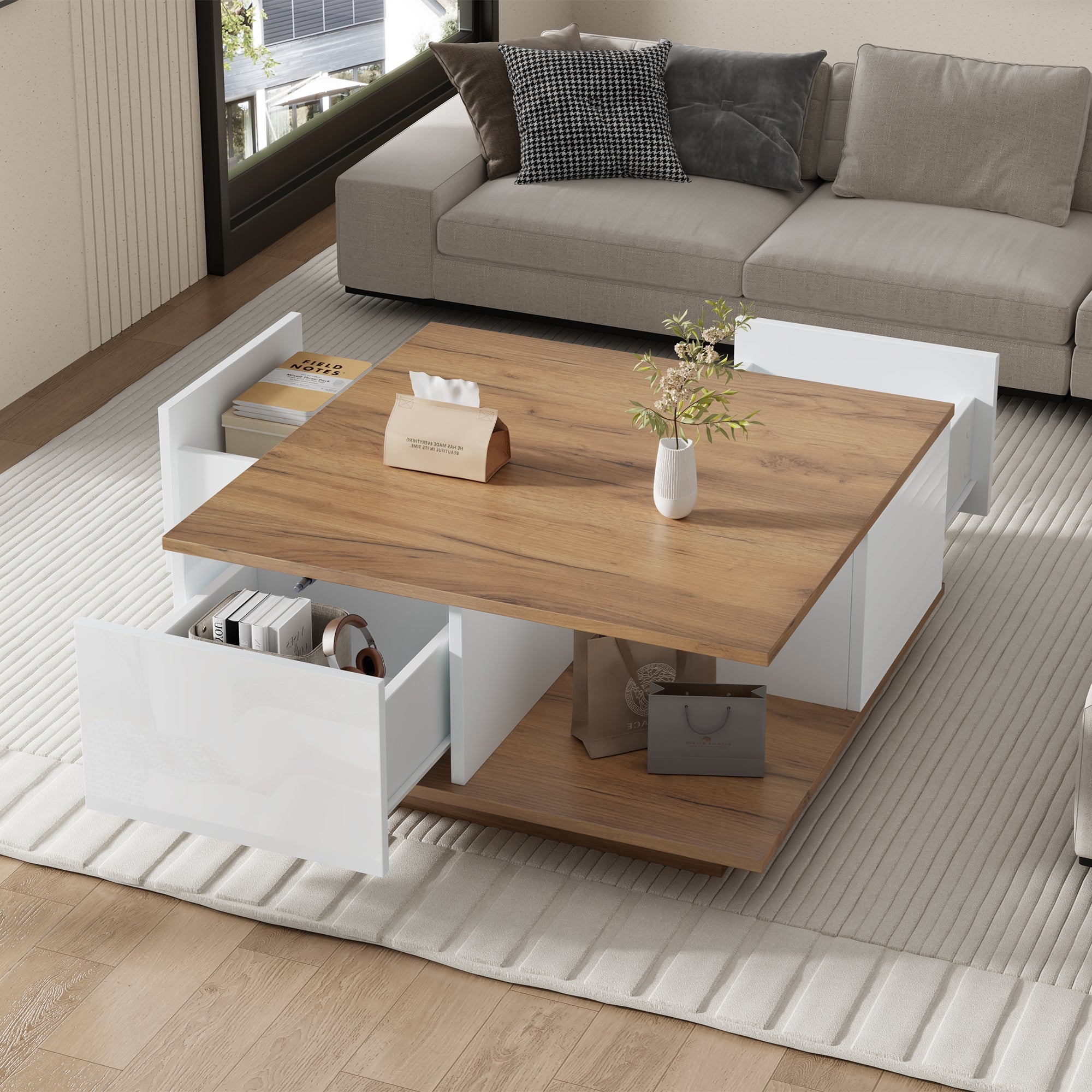 Coffee Table 70x70x31.5cm, 3 Drawers, High-Gloss, White & Original Wood Color