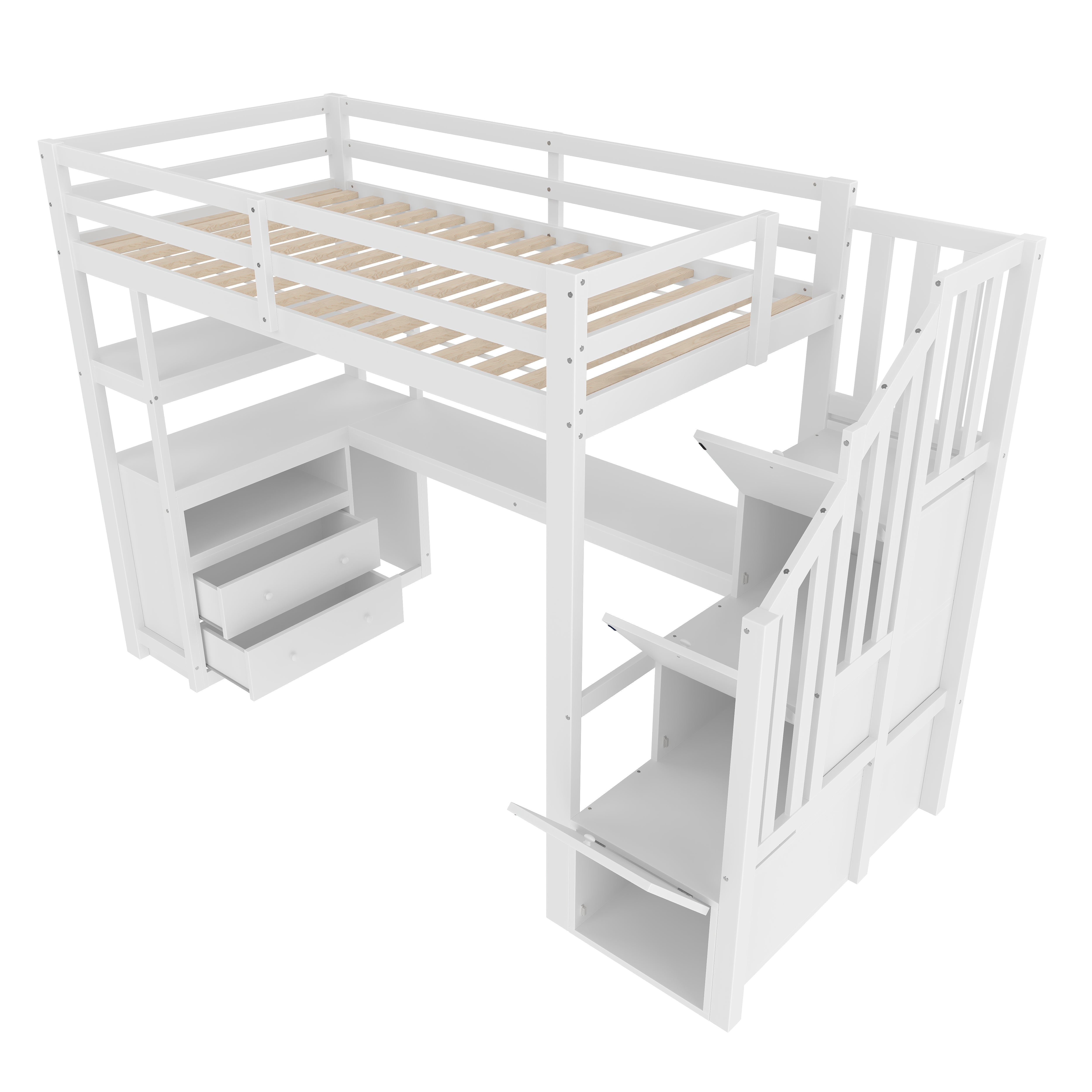 Loft Bed with Integrated Desk and Storage Ladder, 90x200cm, White