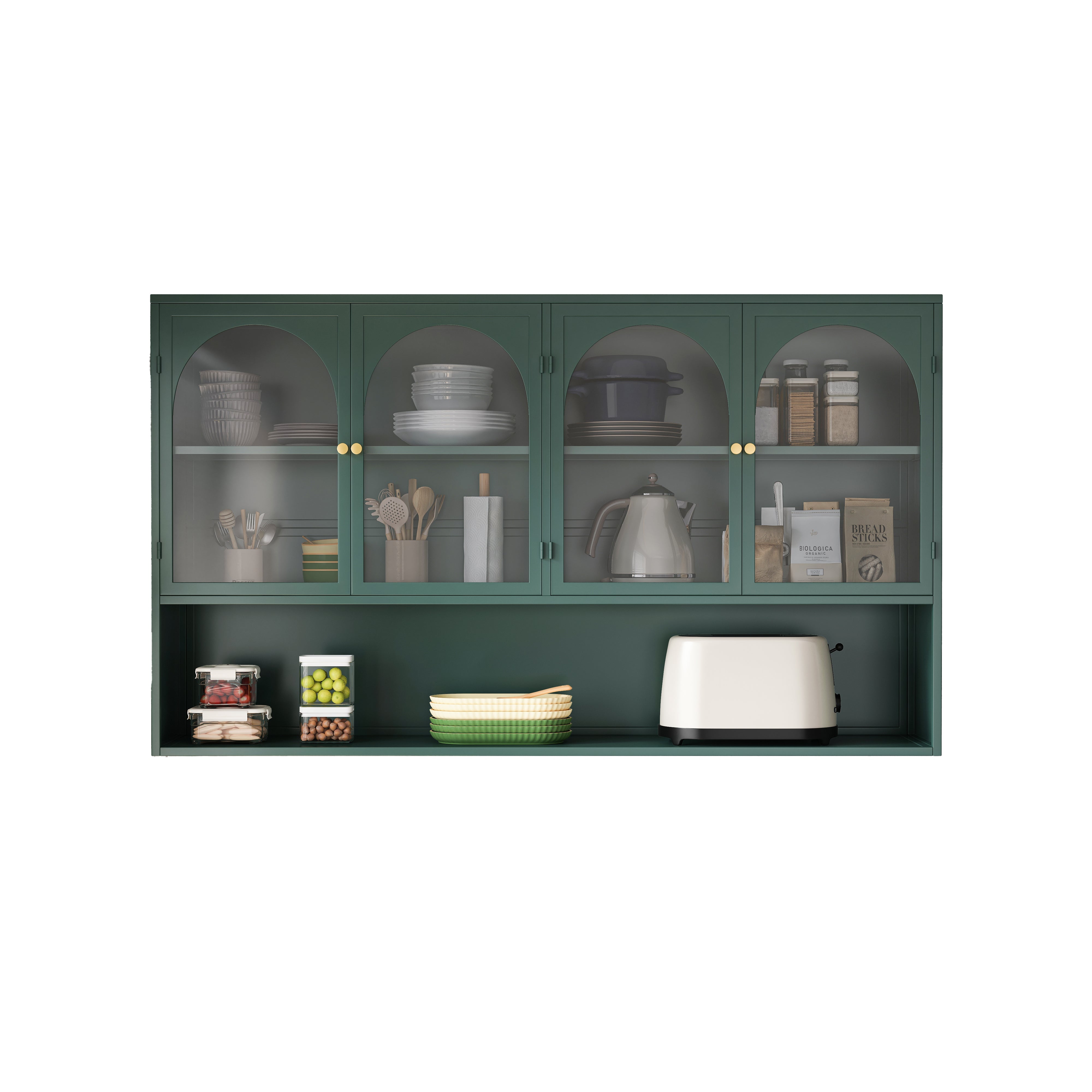 Four-door Glass Wall Cabinet, 120CM Wall-mounted, Dark Green