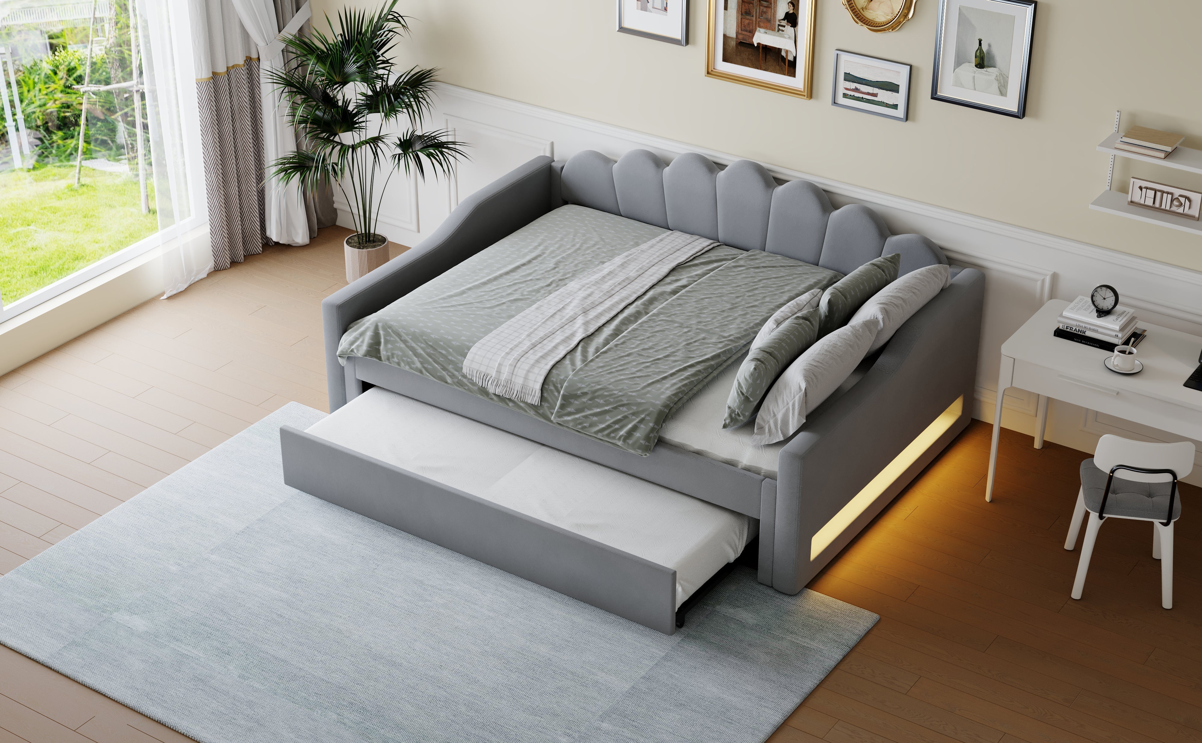 Daybed Upholstered 140x200cm LED Pull-out Bed - Grey