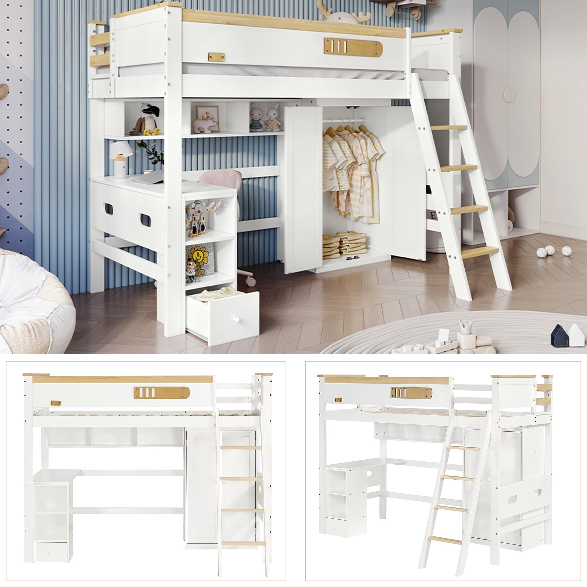 Bunk Bed with Safety Rail, Table, Wardrobe, Ladder, 90x200cm, Pine/MDF White/Natural
