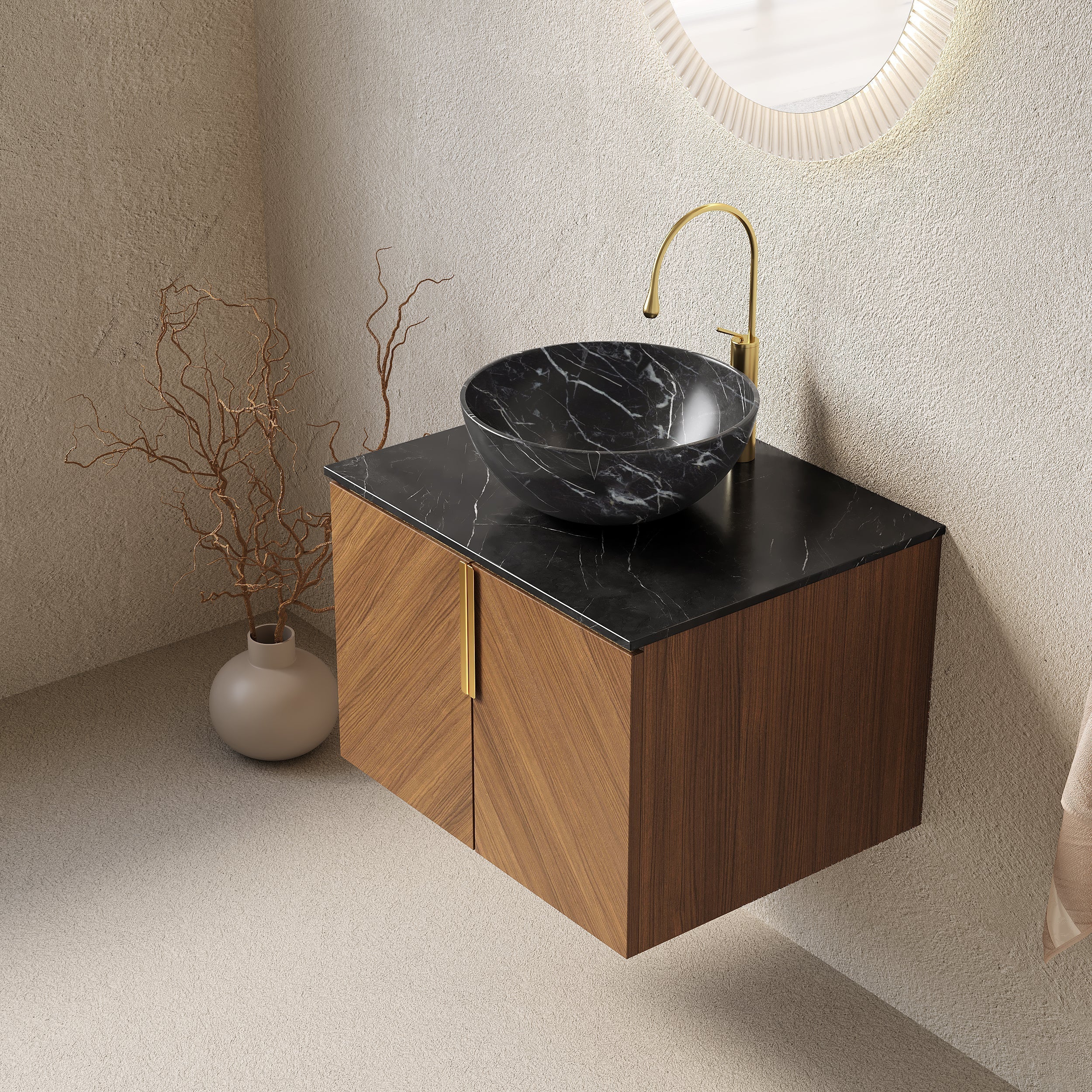 Wall-Mounted Bathroom Vanity Unit with Ceramic Bowl and Sintered Stone Countertop, Espresso Wood Grain