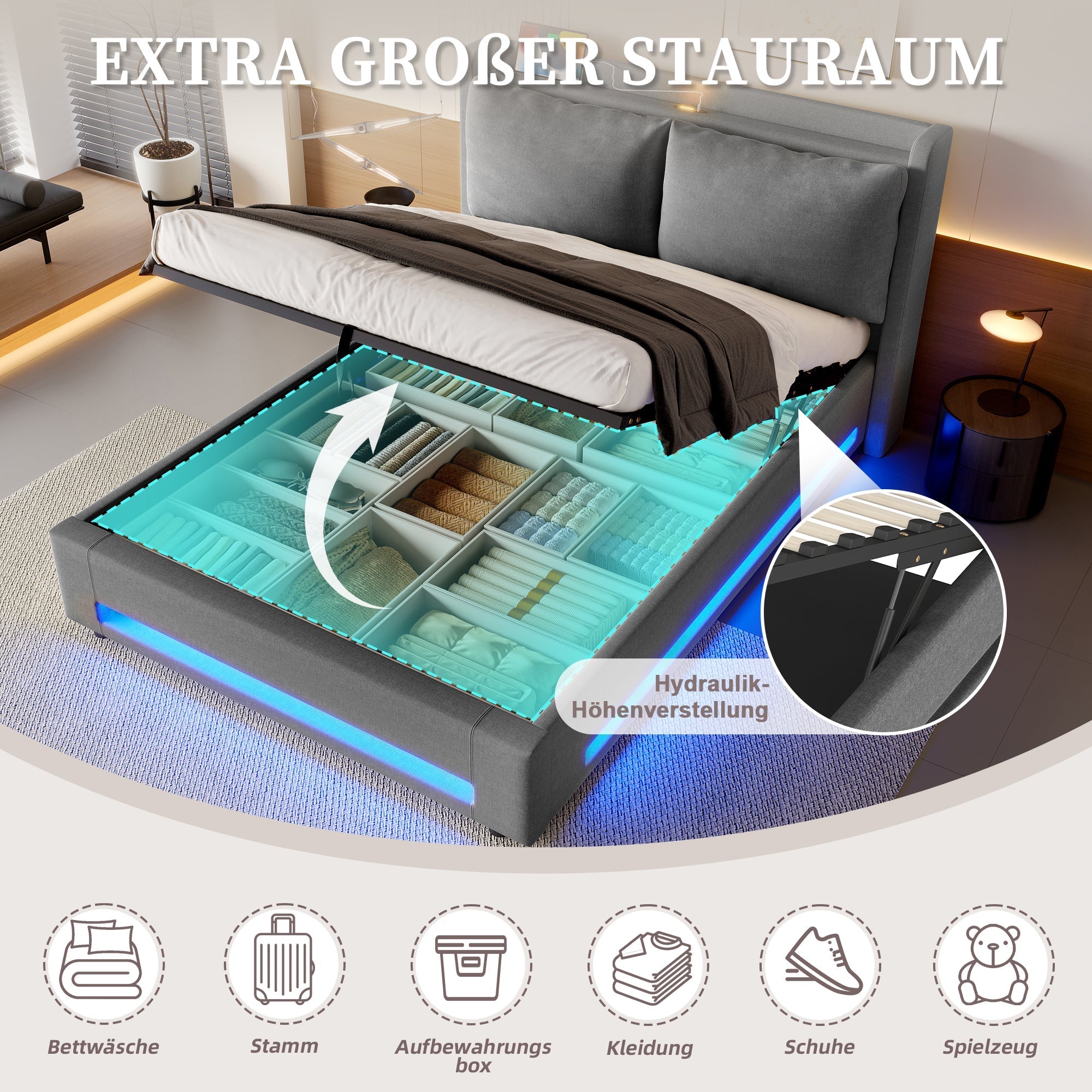 Upholstered Bed 160x200cm with Stylish Headboard, Storage, USB-C Ports, and LED Lighting