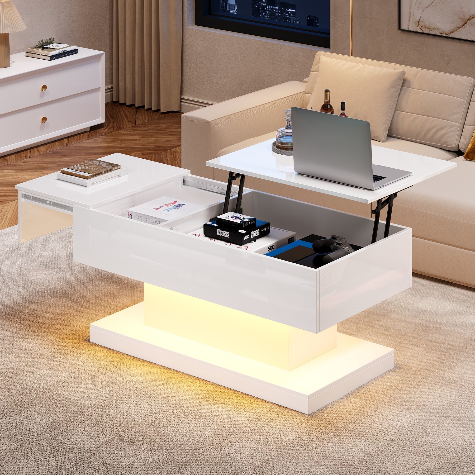 High-gloss Lift-up Tea Table, LED Coffee Table, 100x50x45 cm with Storage, White
