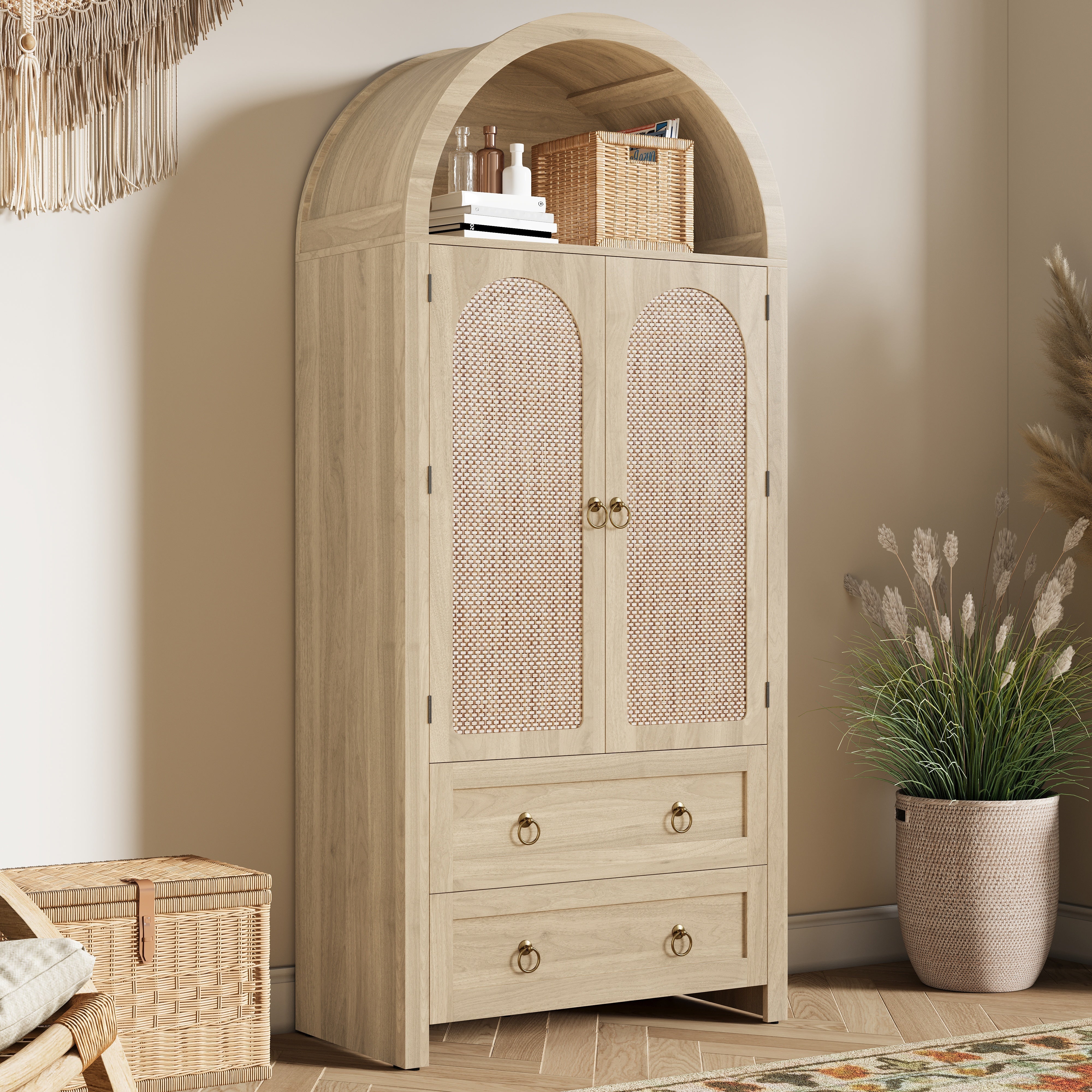 Sideboard Vintage Wickerwork Arch Double Drawer Storage Cabinet