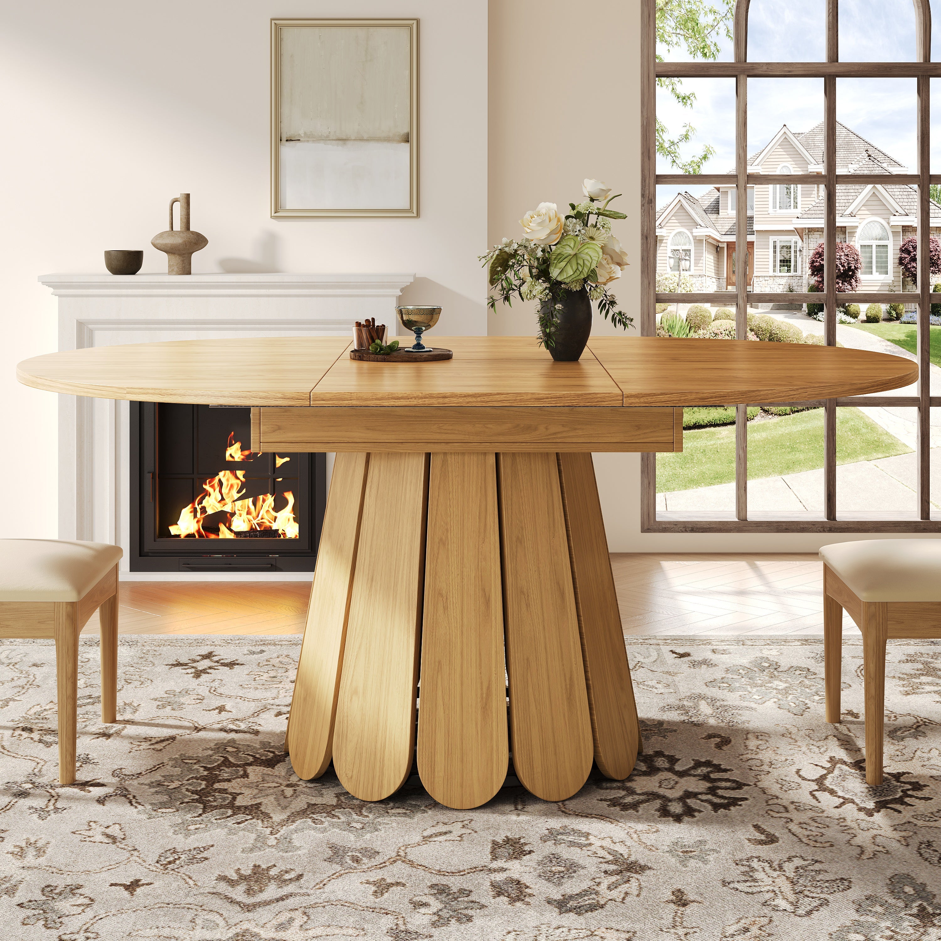 Extendable Round Dining Table 118-158cm Extends to Oval 6 Seater - Wood Color