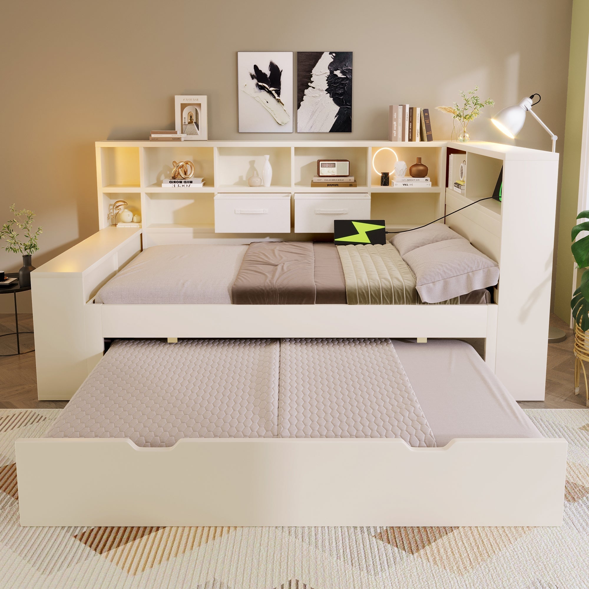 Single Bed 90x190 Pull-out Bed Storage USB/Type-C Charging White Wood