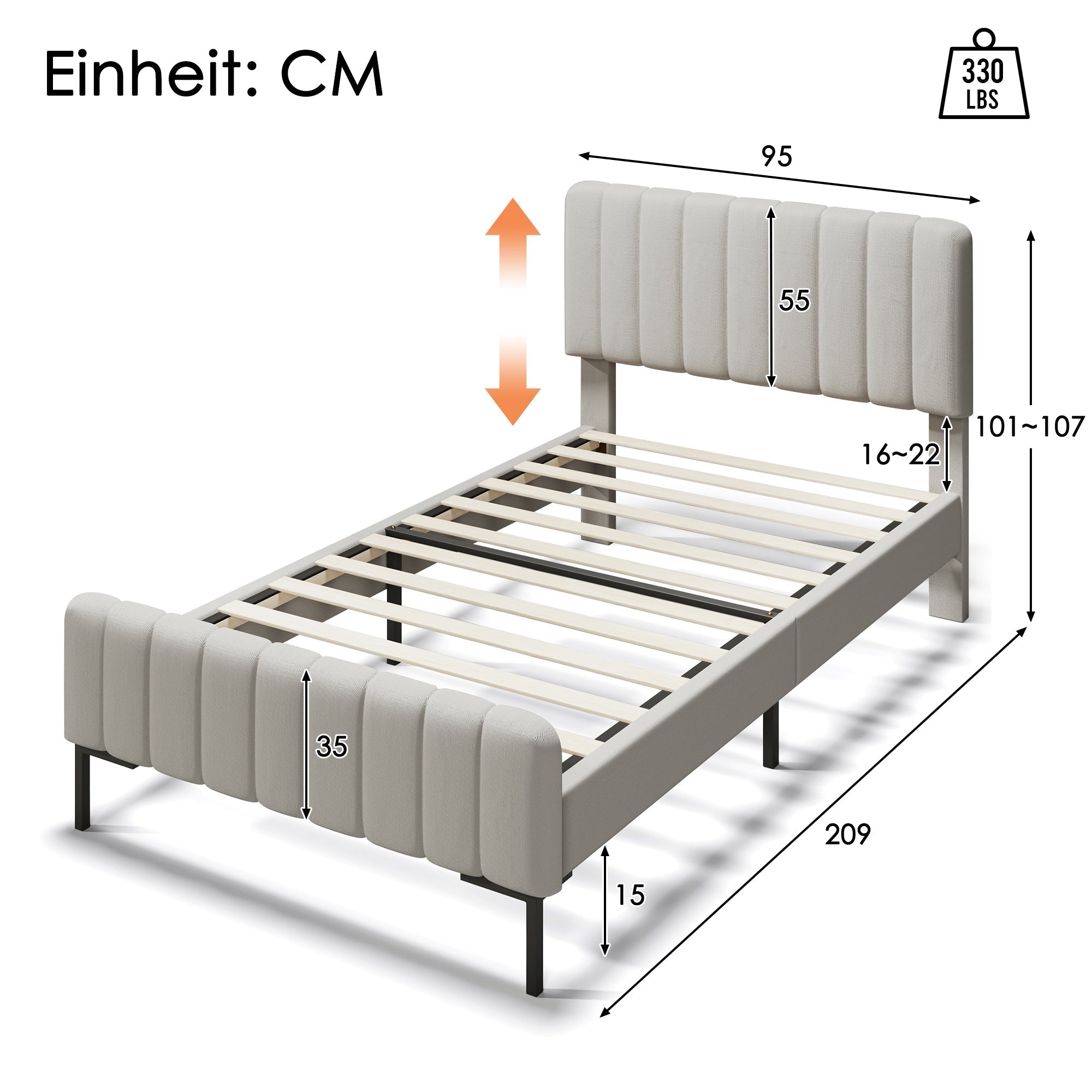 Upholstered single bed, 90 x 200 cm, adjustable headboard, grey-beige linen