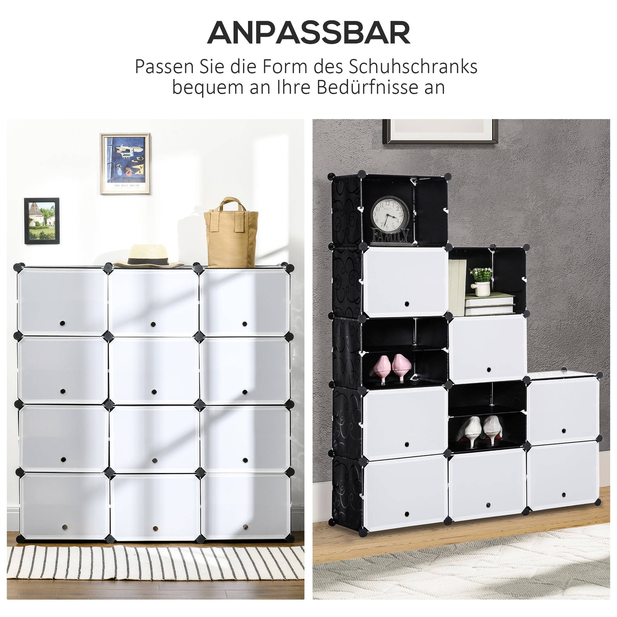 Shoe Cabinet Storage Box 12 Cubes DIY Plastic Steel Black+White