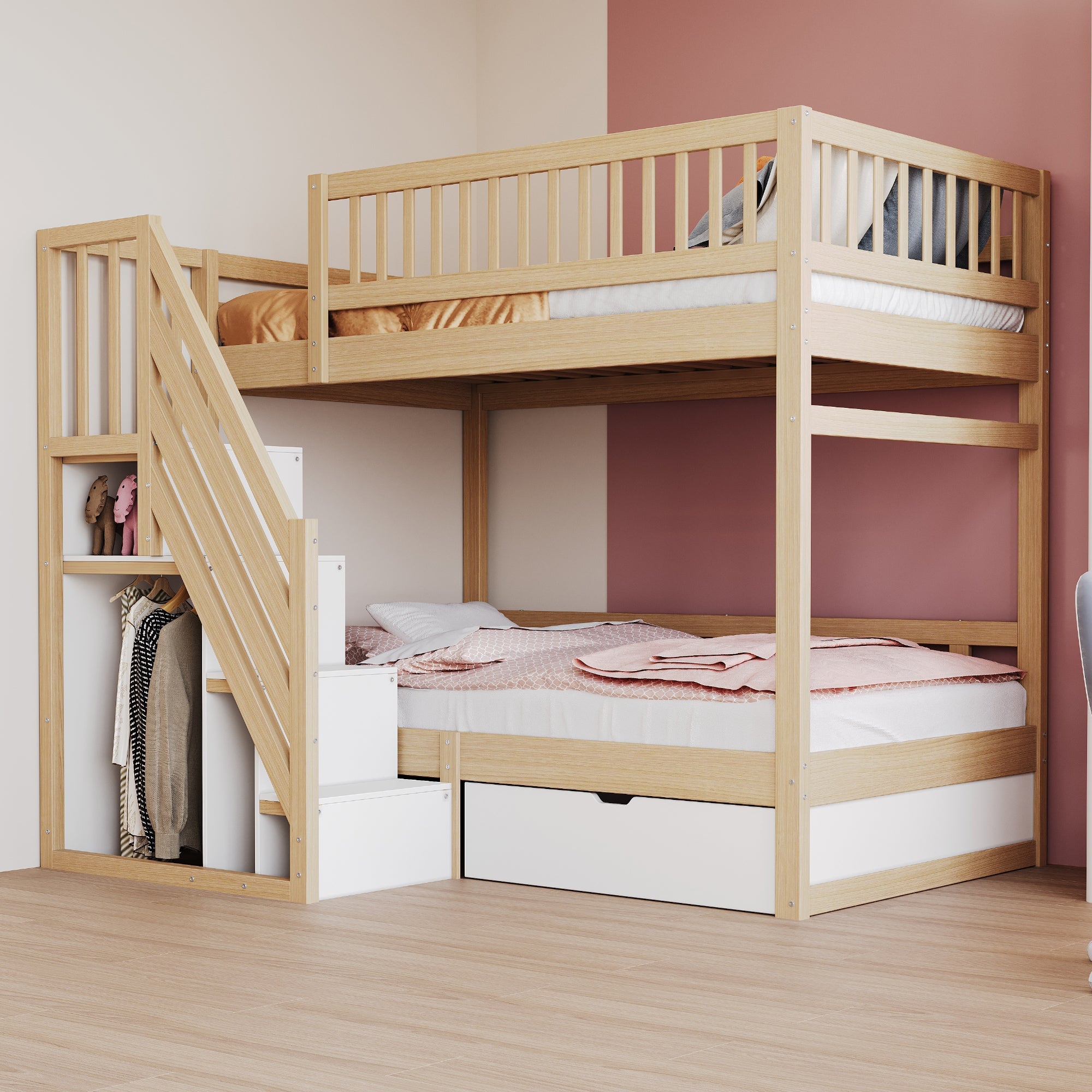 Bunk Bed, Solid Wood 90x200cm with Safety Rail, Slatted Frame, Storage Ladder & Drawers, Wood Color
