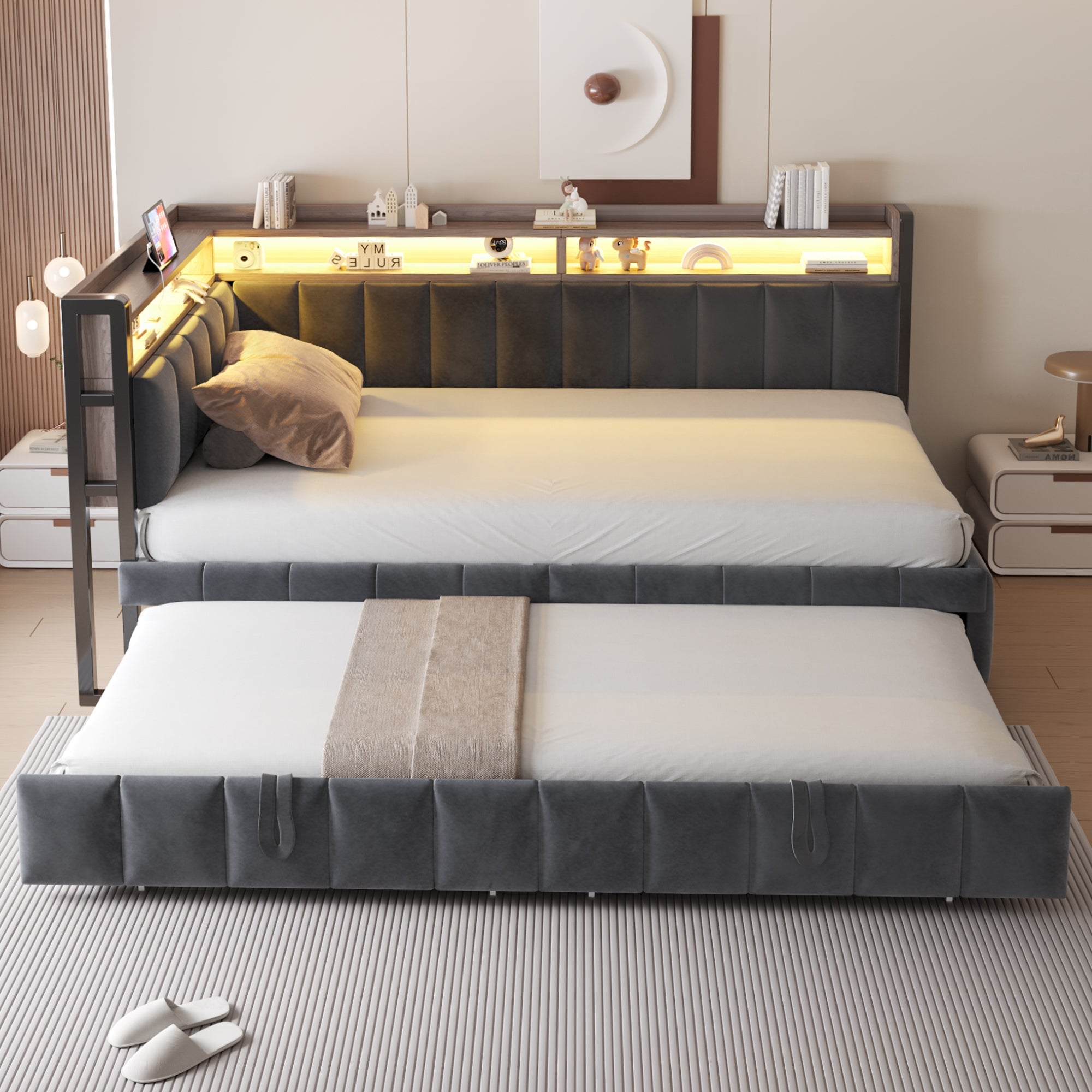 Upholstered Sofa Bed 90x200cm Pull-out LED Storage USB/Type-C, Dark Grey Velvet Fabric
