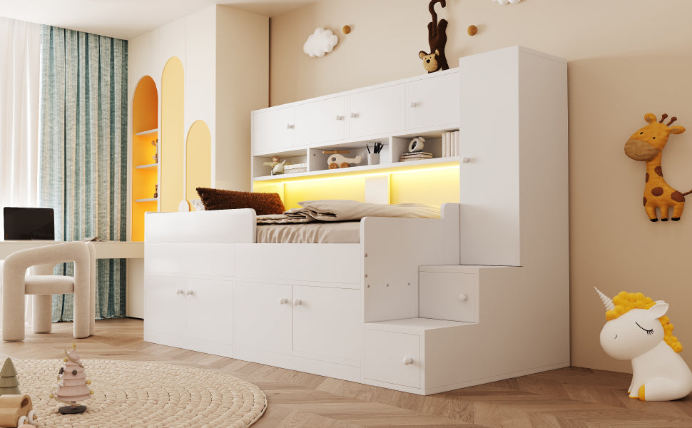 Wooden Children's Bed with Storage, Wardrobe, Ladder and LED Lighting, 90x200cm, White Wood