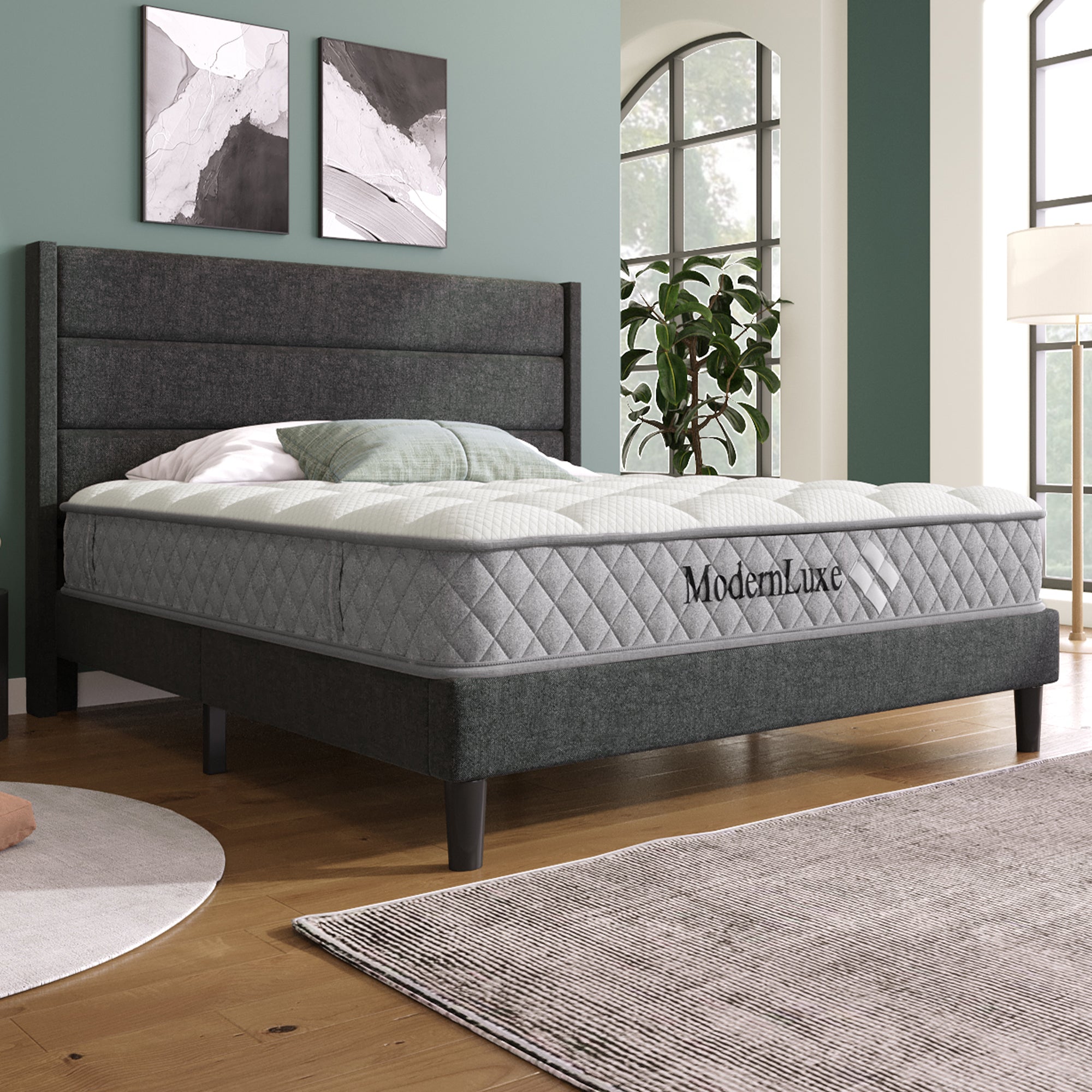 Upholstered Bed 140x200cm, Double with Slatted Frame & Headboard, Dark Grey Linen
