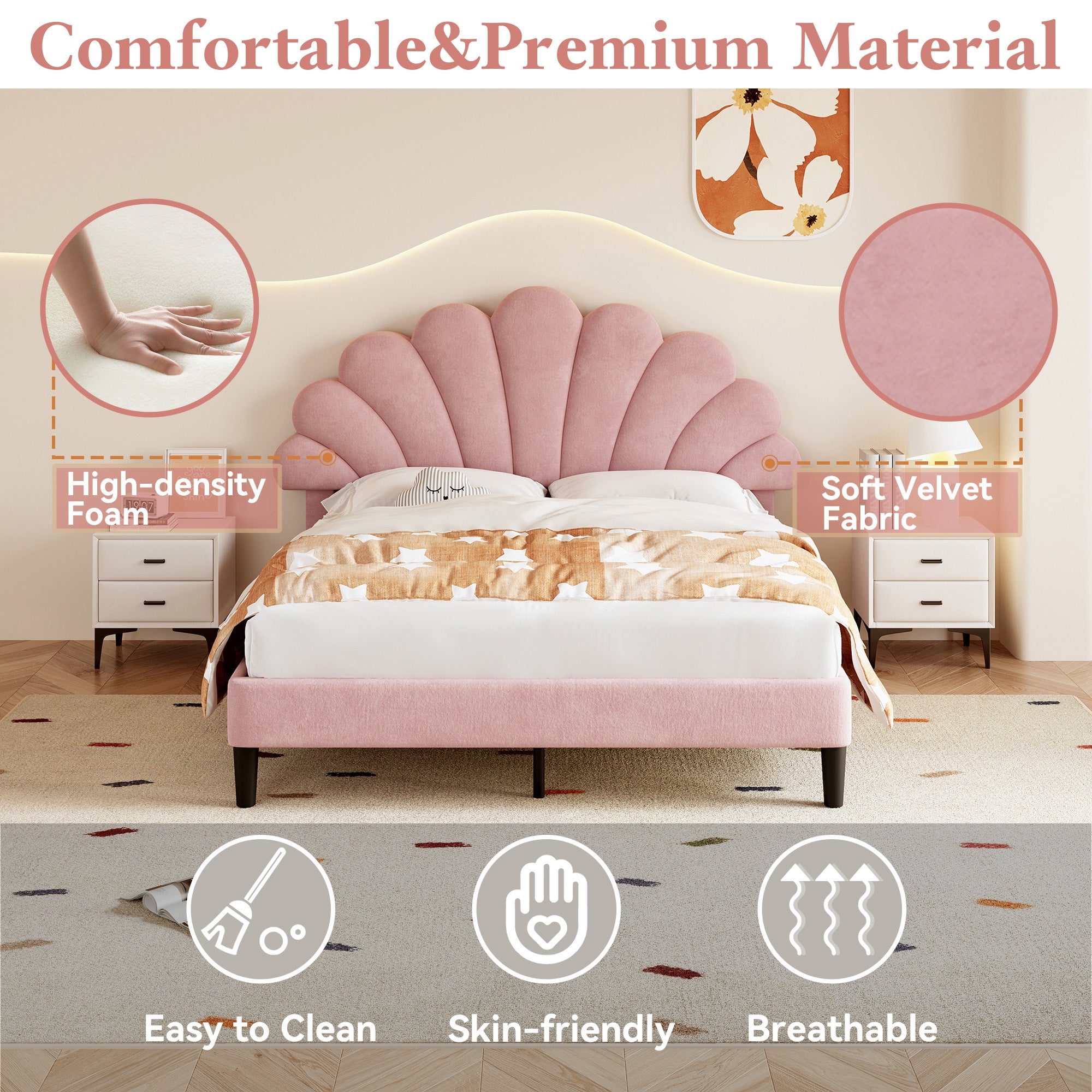 4ft6 Double Upholstered Velvet Bed Frame, Adjustable Chic Petal Headboard, Pink