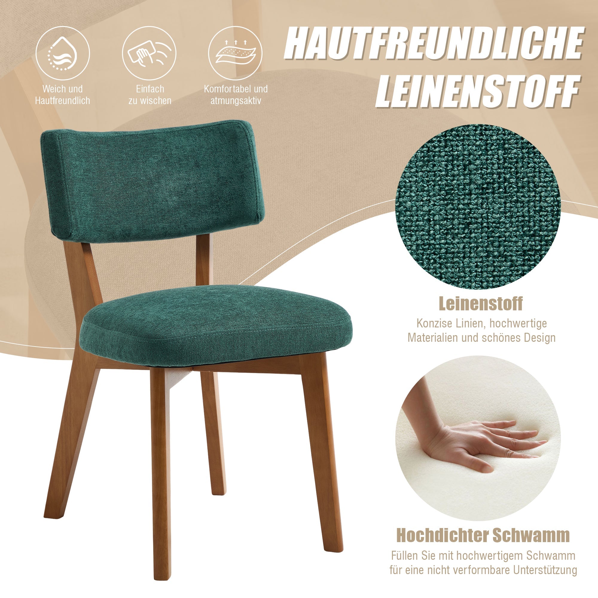 Dining Chair Set of 2, Modern Mid-Century Style Solid Wood Legs, Fabric Upholstered