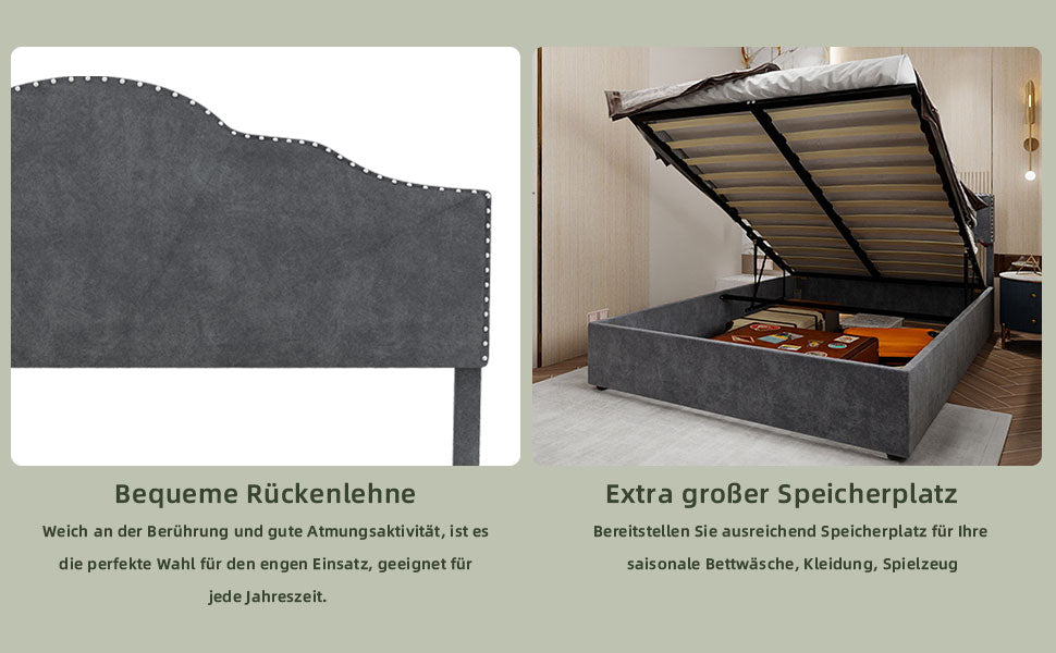 Modern Minimalist Soft Bed, High Box with Pneumatic Rod, 140*200CM, Gray