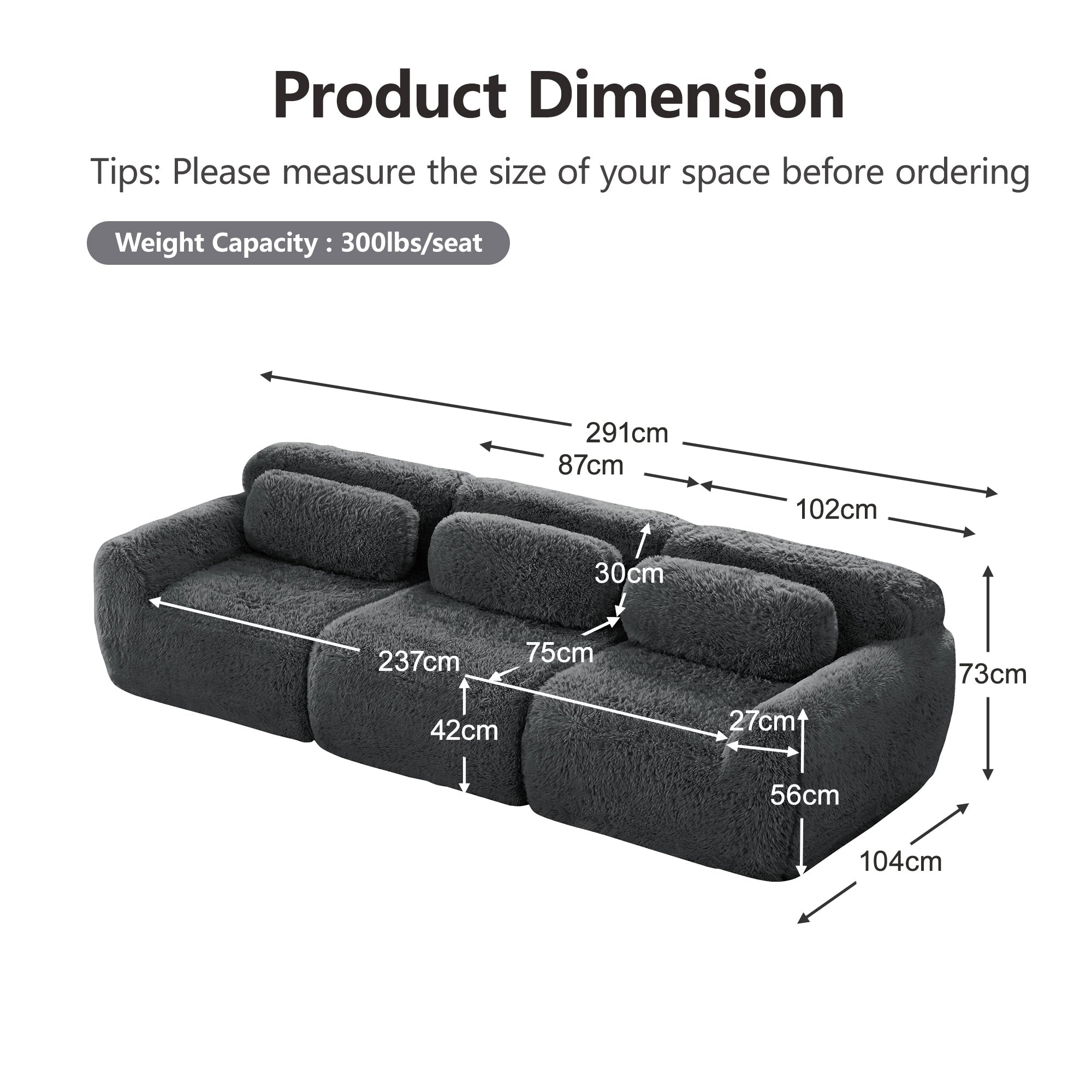 3-Seater Deep Sofa Modular Premium Plush Fabric - Grey