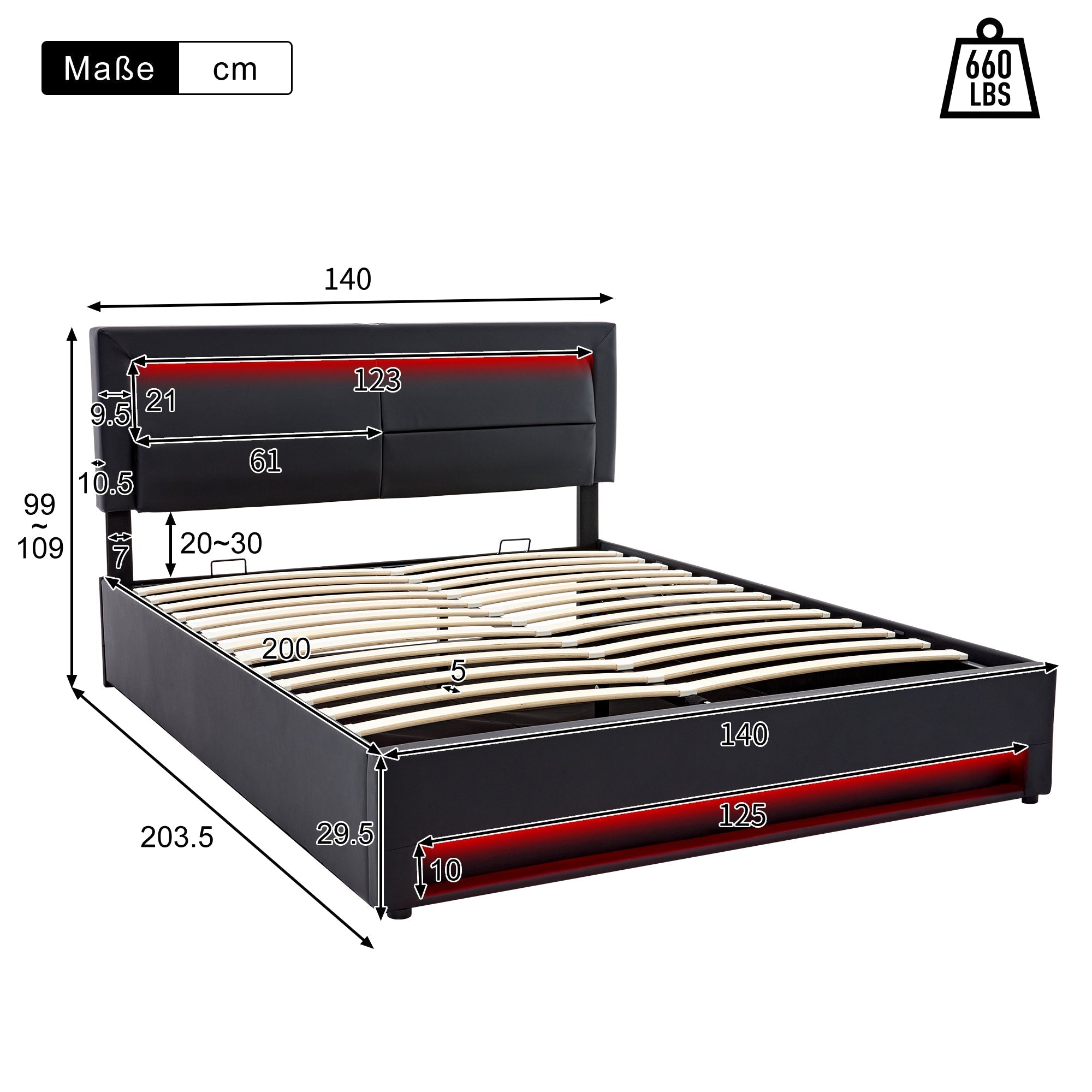 Upholstered Bed 140x200cm LED Storage USB Charging - PU Lychee Black