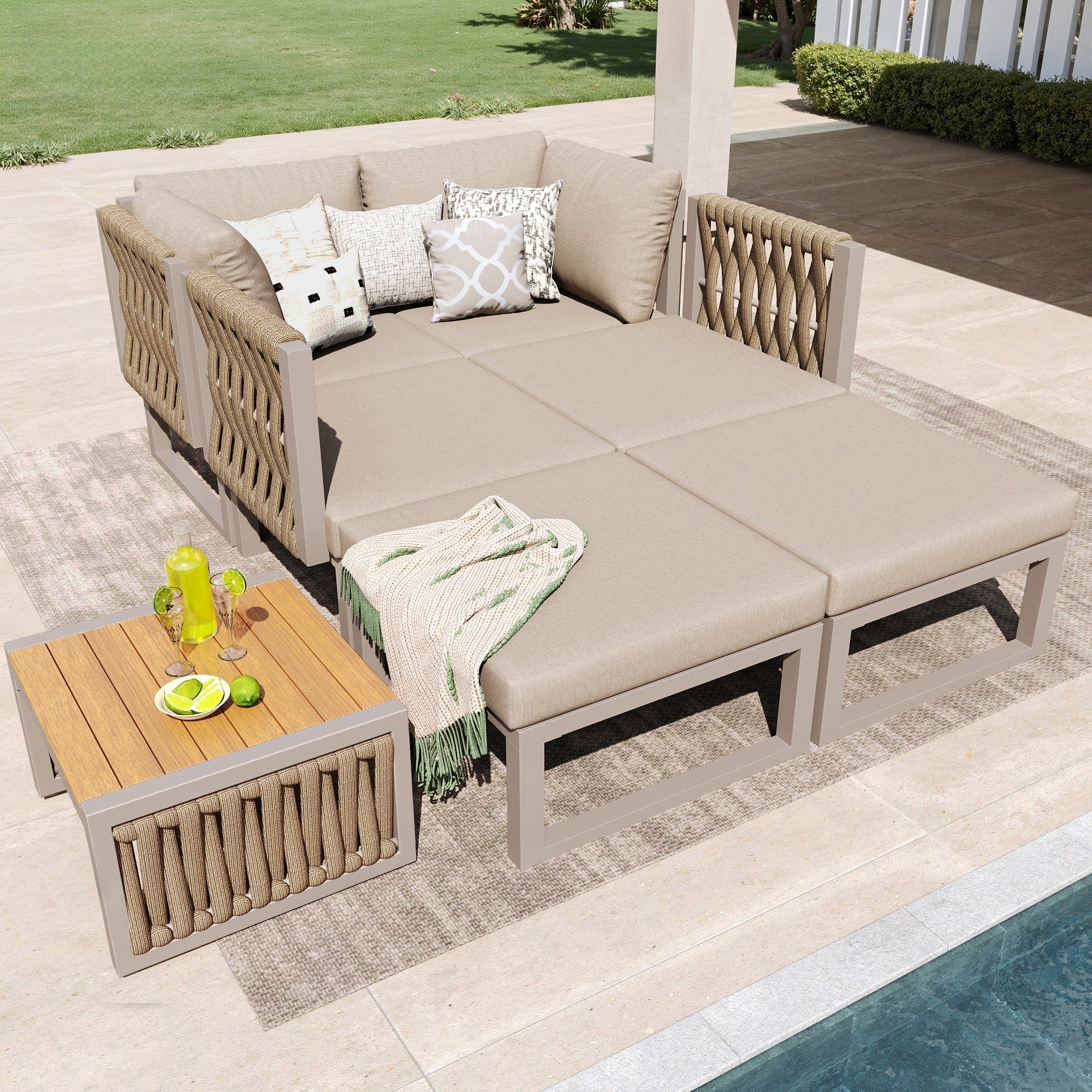 Garden Furniture Set 6 Person Double Lounger Adjustable Backrest Cushions - Beige