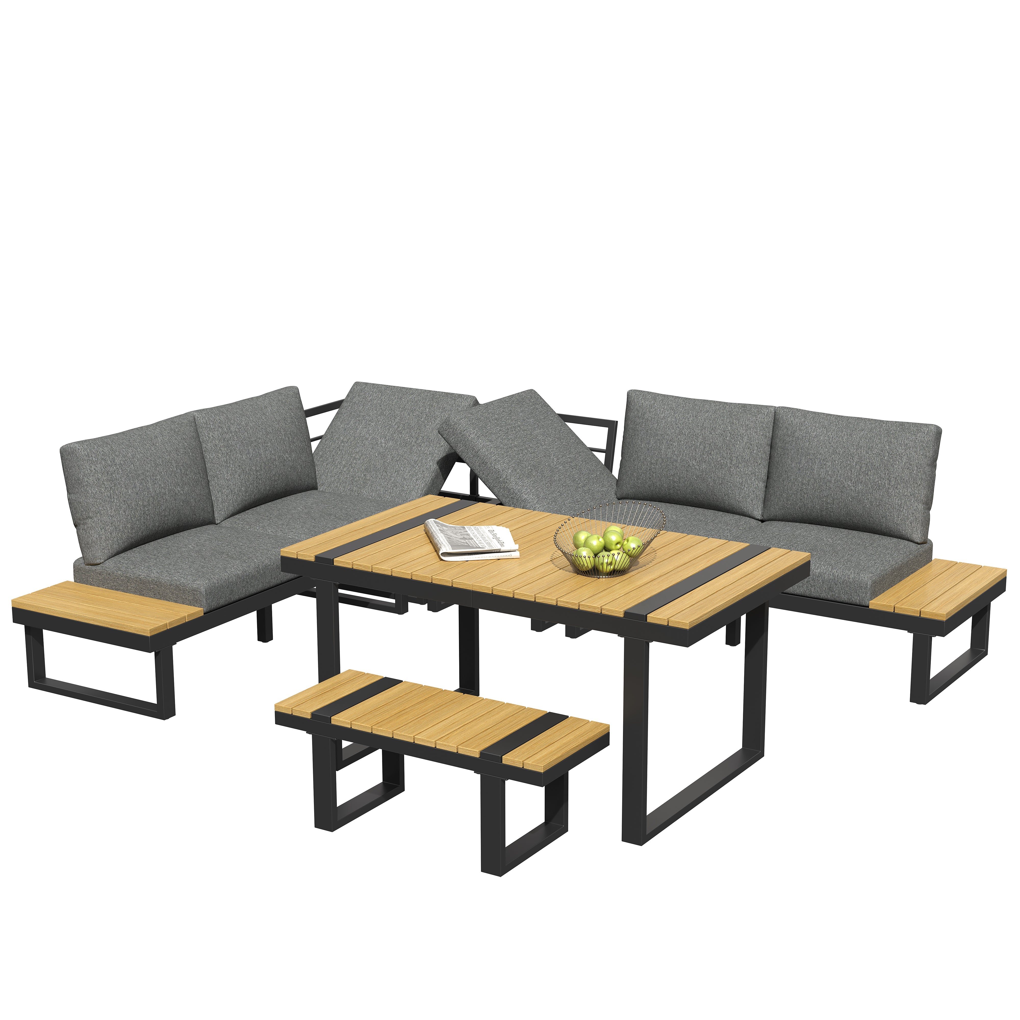Garden Dining Set with Adjustable Tilt and Corner Configuration, Grey and Black
