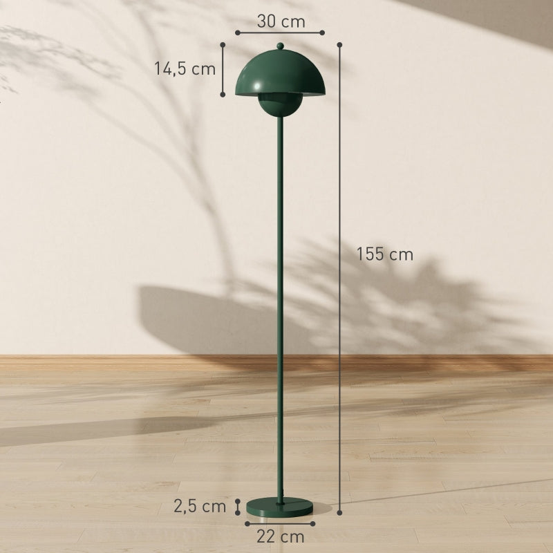 Floor lamp with round shade, reflective light, foot switch, steel stand, green