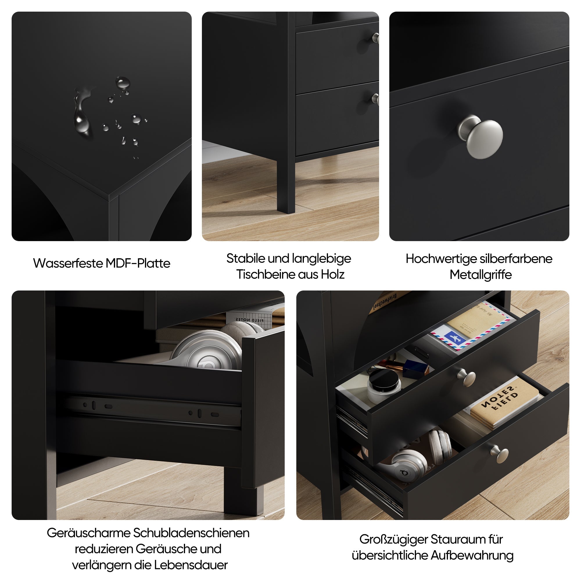 Bedside Table Modern 2 Drawers 1 Open Compartment 45x40x58cm Black