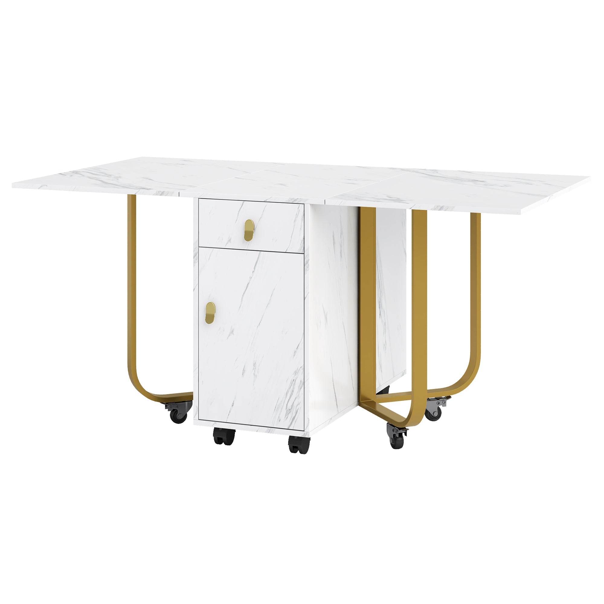 Folding Dining Table, Cabinet & 2 Drawers, Space-Saving, White/Gold
